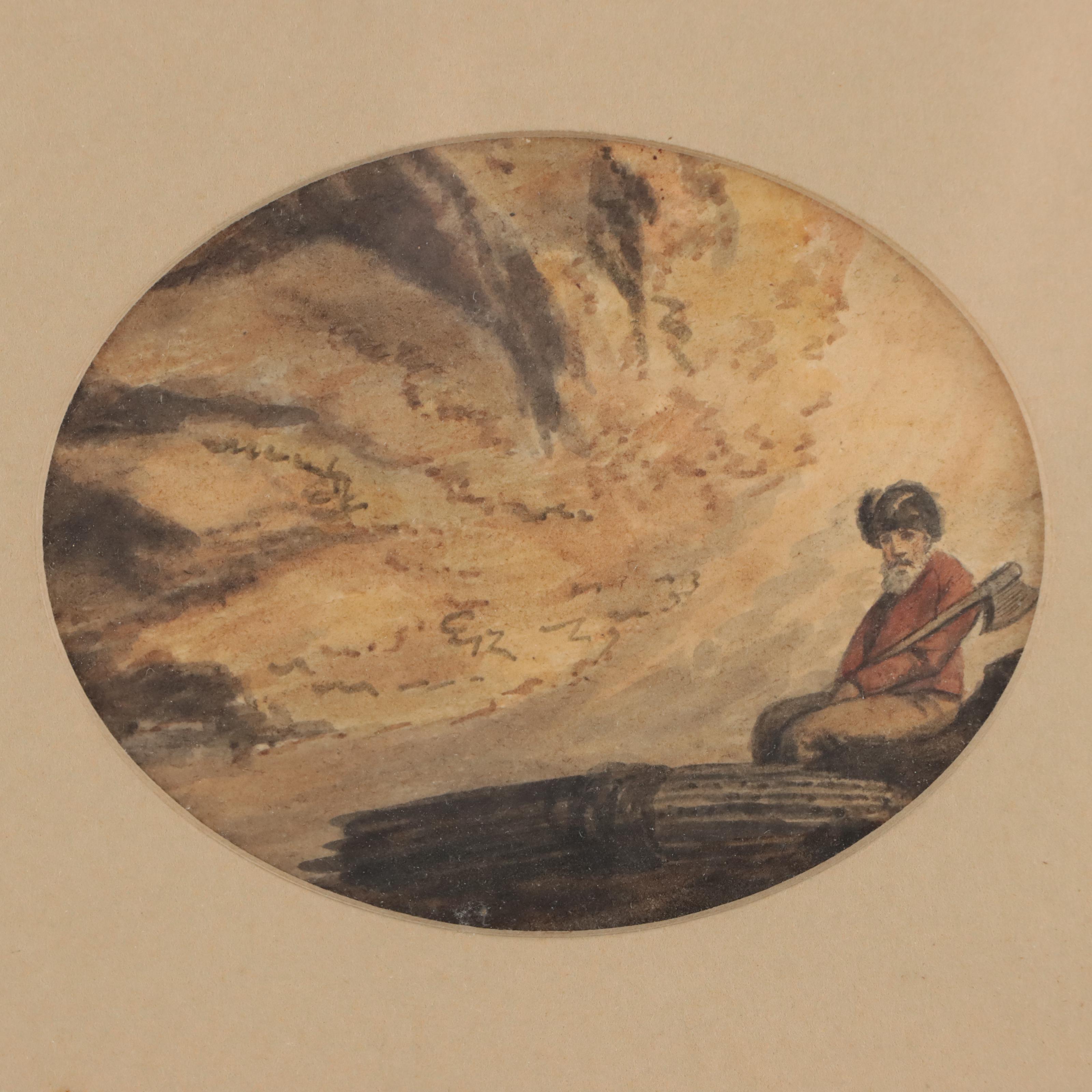 Figural Watercolor Painting of Man With Axe