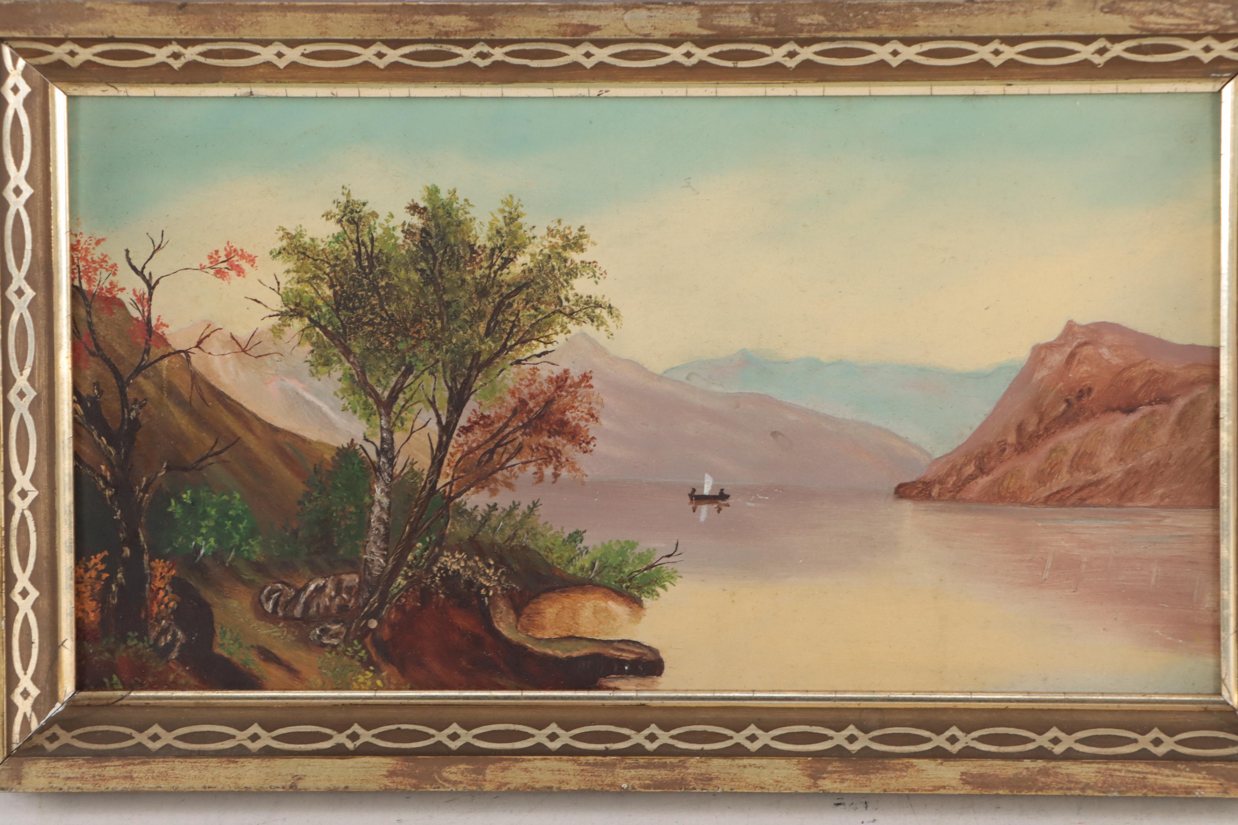 Mountain Lakescape Oil Painting, Early 20th Century