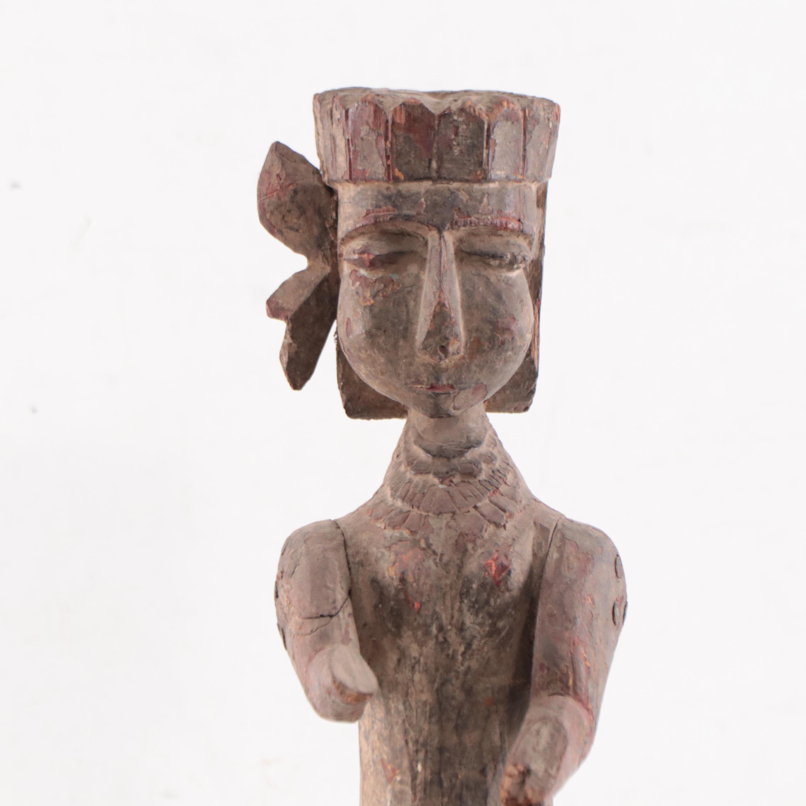 Indian Polychrome Carved Teak Female Figure, Early to Mid-20th Century