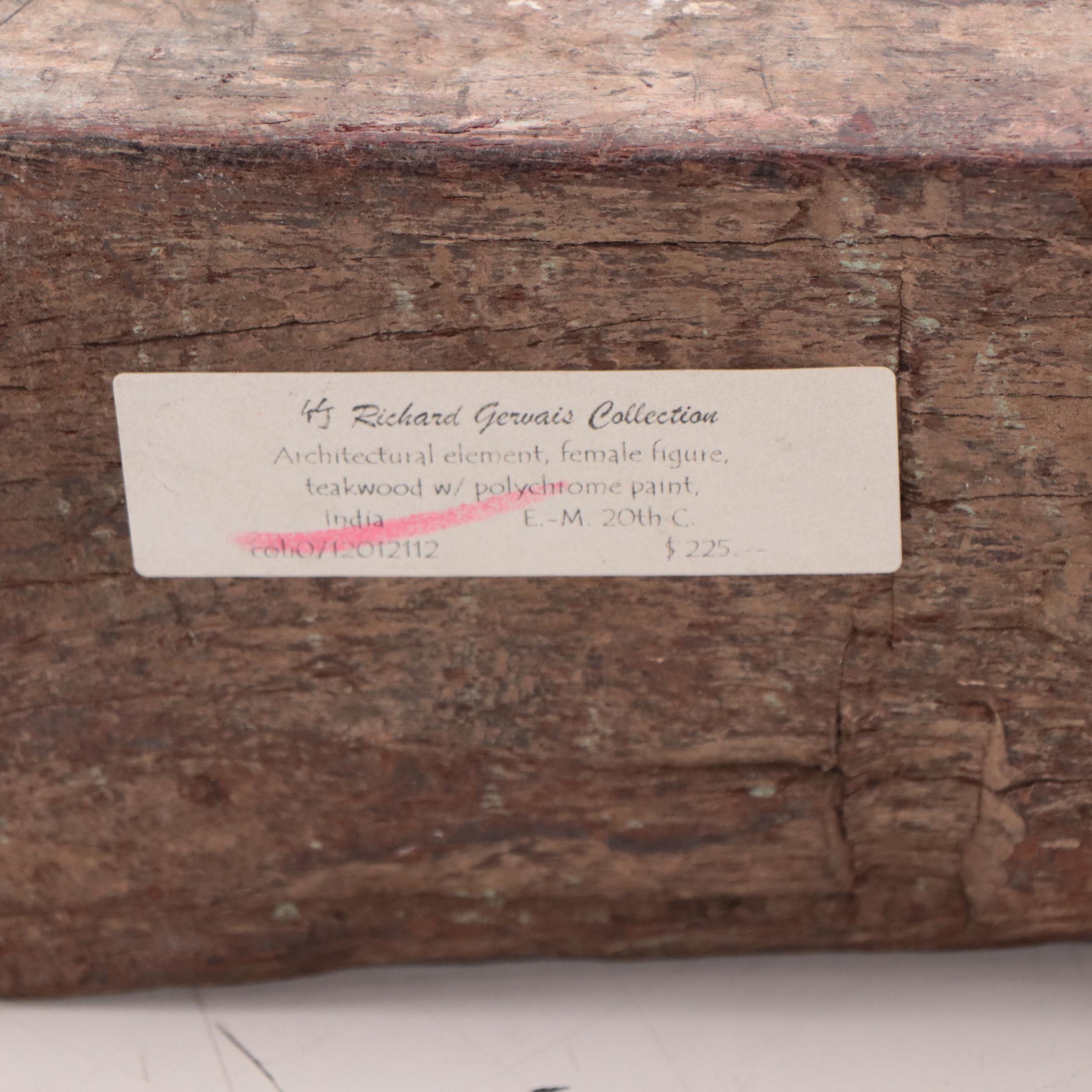 Indian Polychrome Carved Teak Female Figure, Early to Mid-20th Century