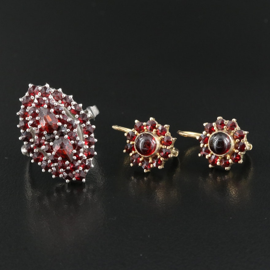 Czechoslovakian Sterling and 900 Silver Garnet Ring and Earrings