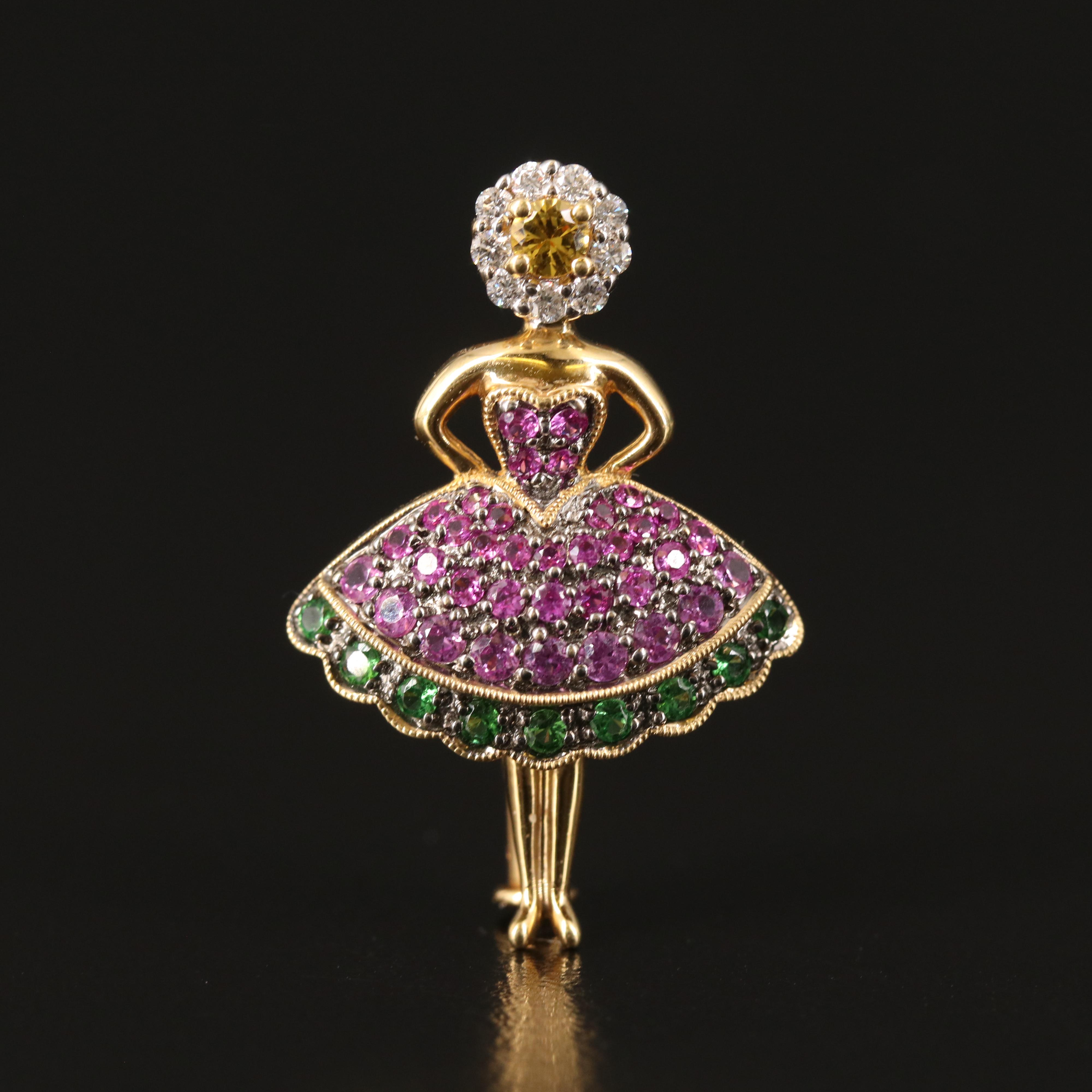 18K Yellow Sapphire, Diamond, Ruby and Tsavorite Ballerina Brooch