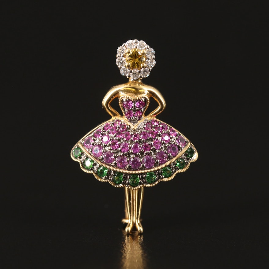 18K Yellow Sapphire, Diamond, Ruby and Tsavorite Ballerina Brooch