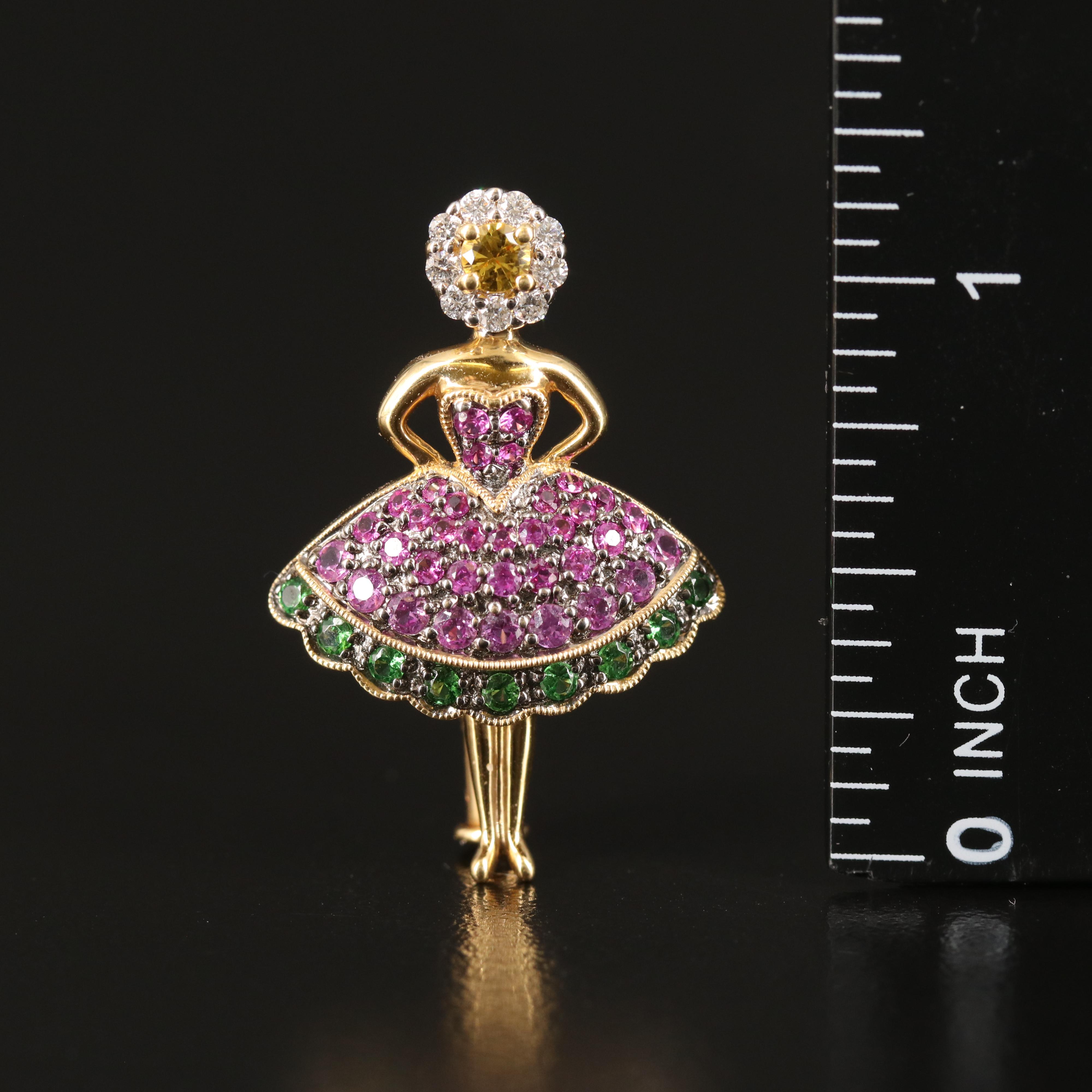 18K Yellow Sapphire, Diamond, Ruby and Tsavorite Ballerina Brooch