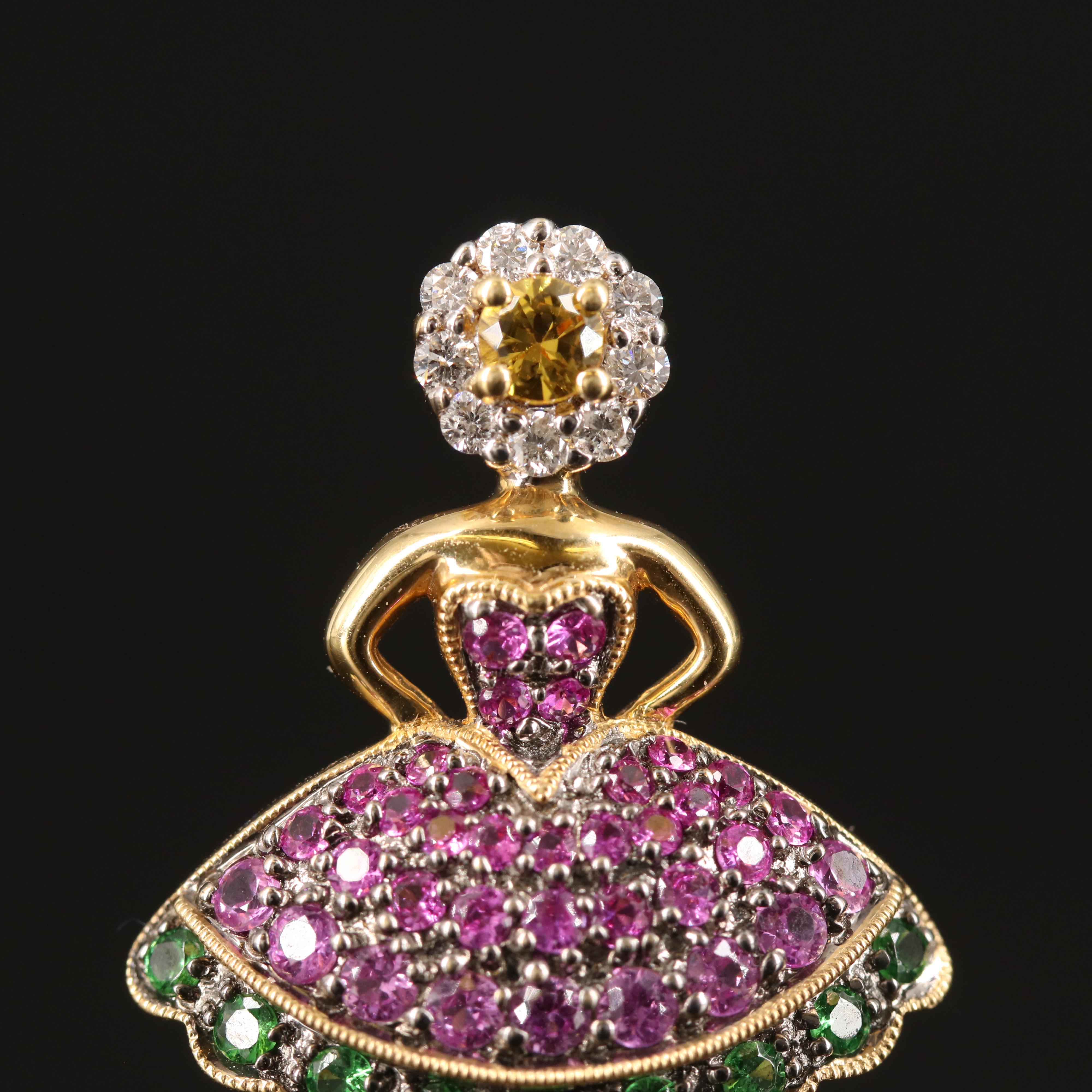18K Yellow Sapphire, Diamond, Ruby and Tsavorite Ballerina Brooch