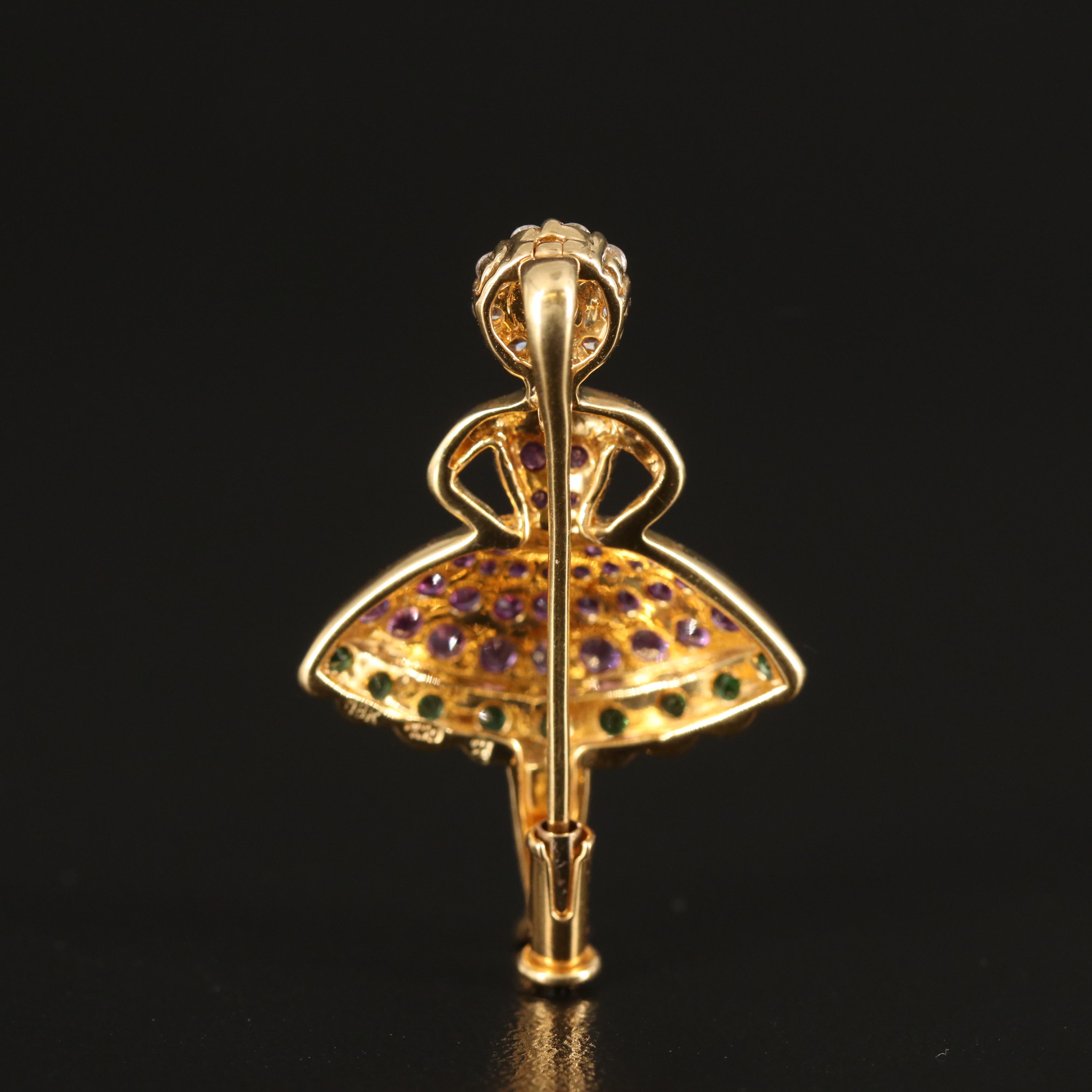 18K Yellow Sapphire, Diamond, Ruby and Tsavorite Ballerina Brooch