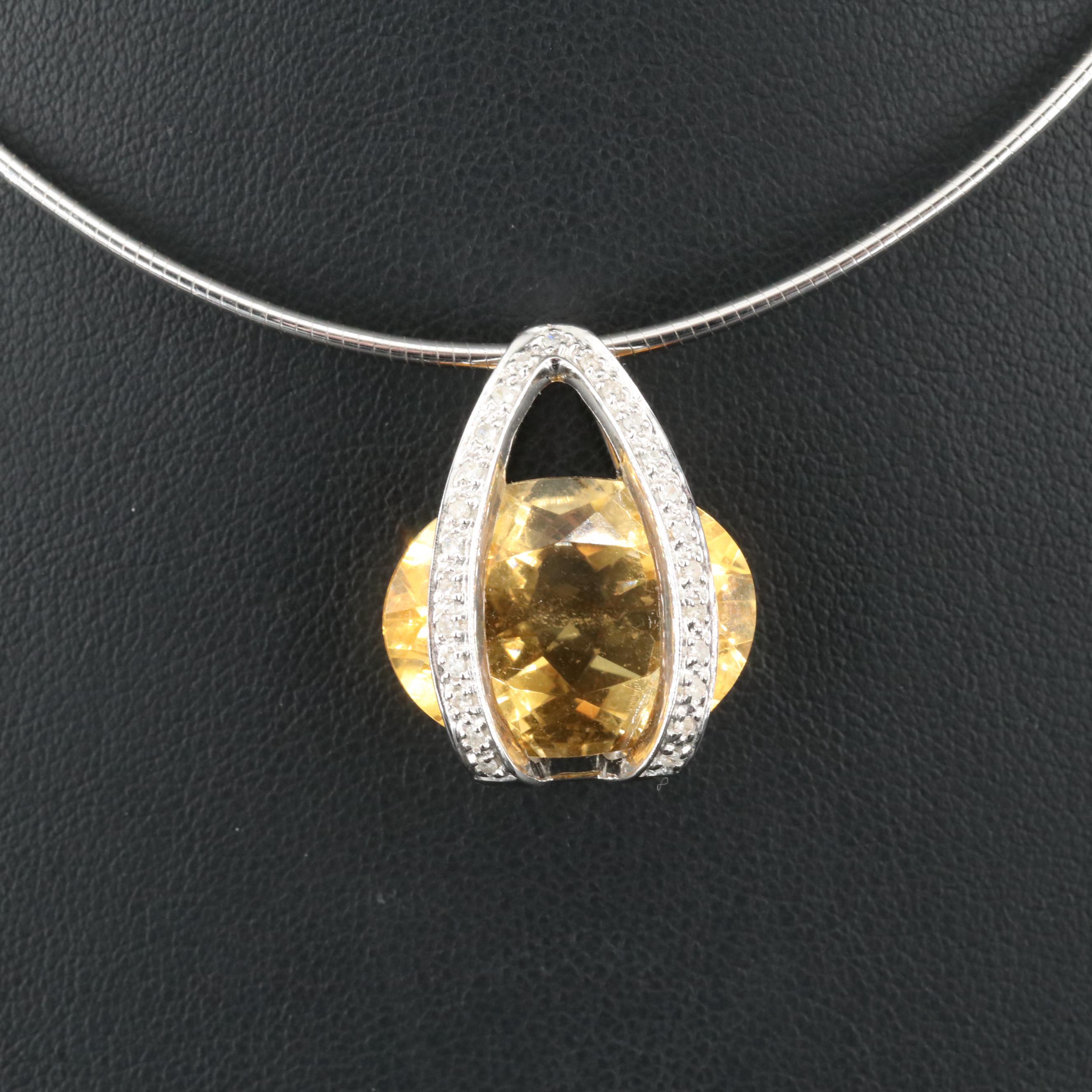 14K 18.06 CT Citrine and Diamond Enhancer Pendant Necklace