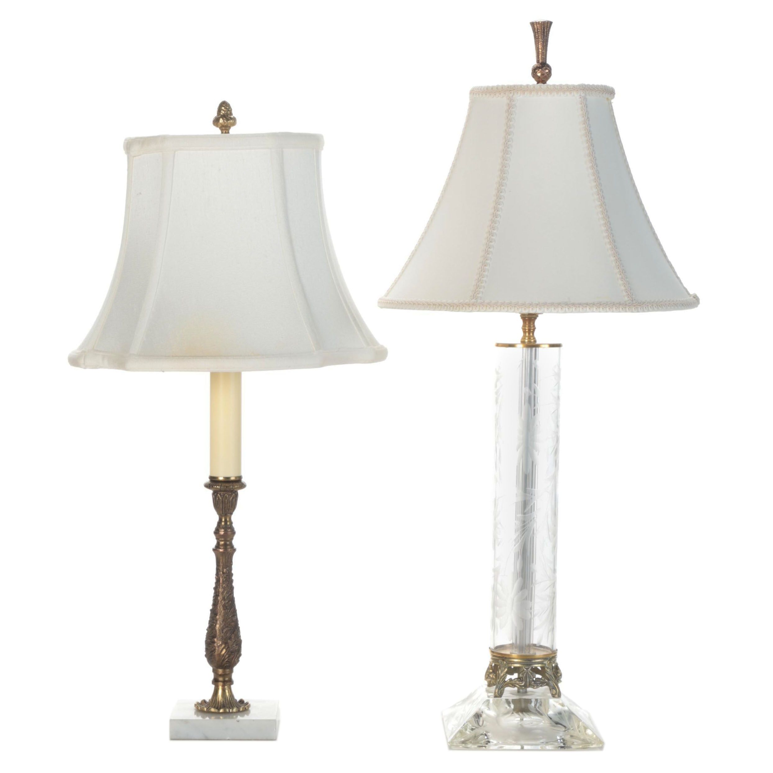 Etched Glass, Brass and Marble Table Lamps, Mid to Late 20th Century