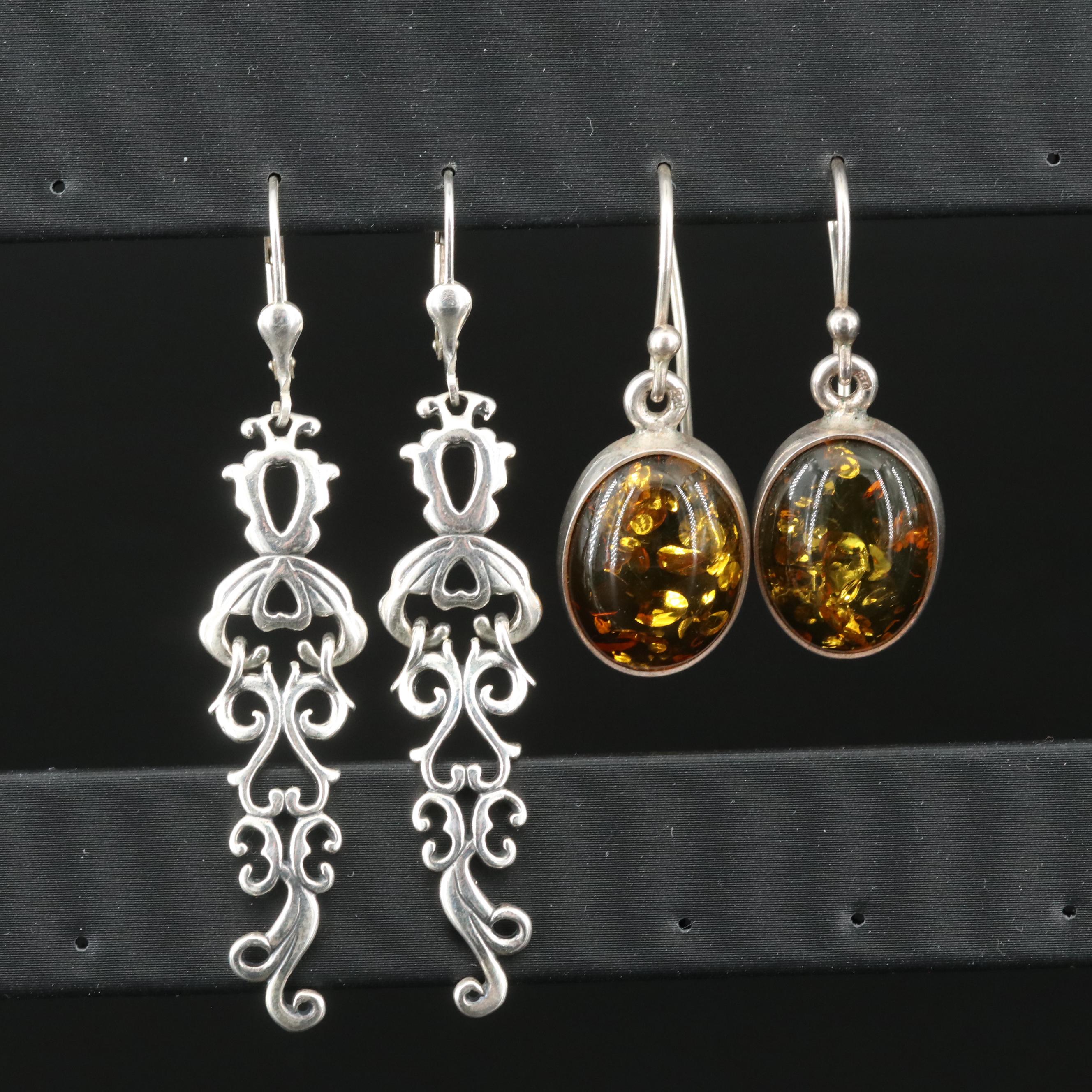 Carolyn Pollack for Relios Sterling Scroll Earrings with Sterling Amber Earrings