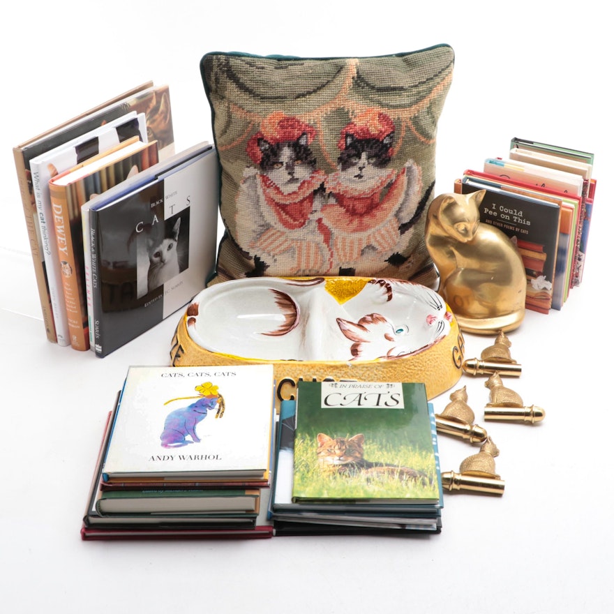 Cat Themed Books, Brass Figures, Needlepoint Pillow and Ceramic Food Dish