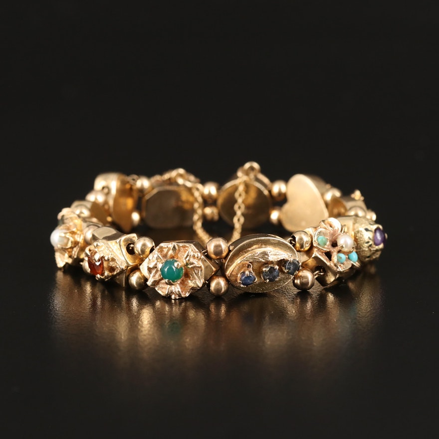 Vintage 14K Slide Bracelet Including Pearls, Coral, Tourmaline and Turquoise