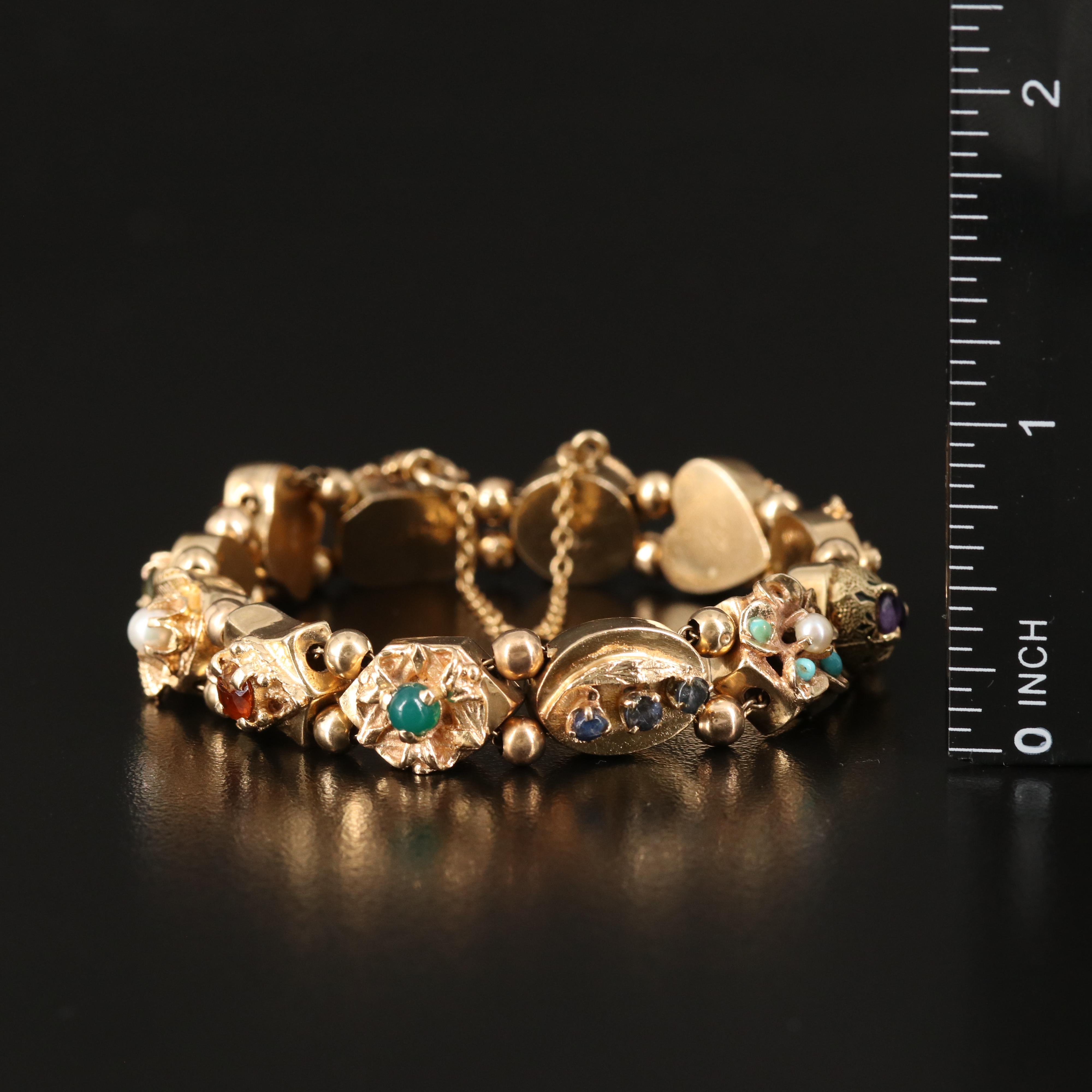 Vintage 14K Slide Bracelet Including Pearls, Coral, Tourmaline and Turquoise