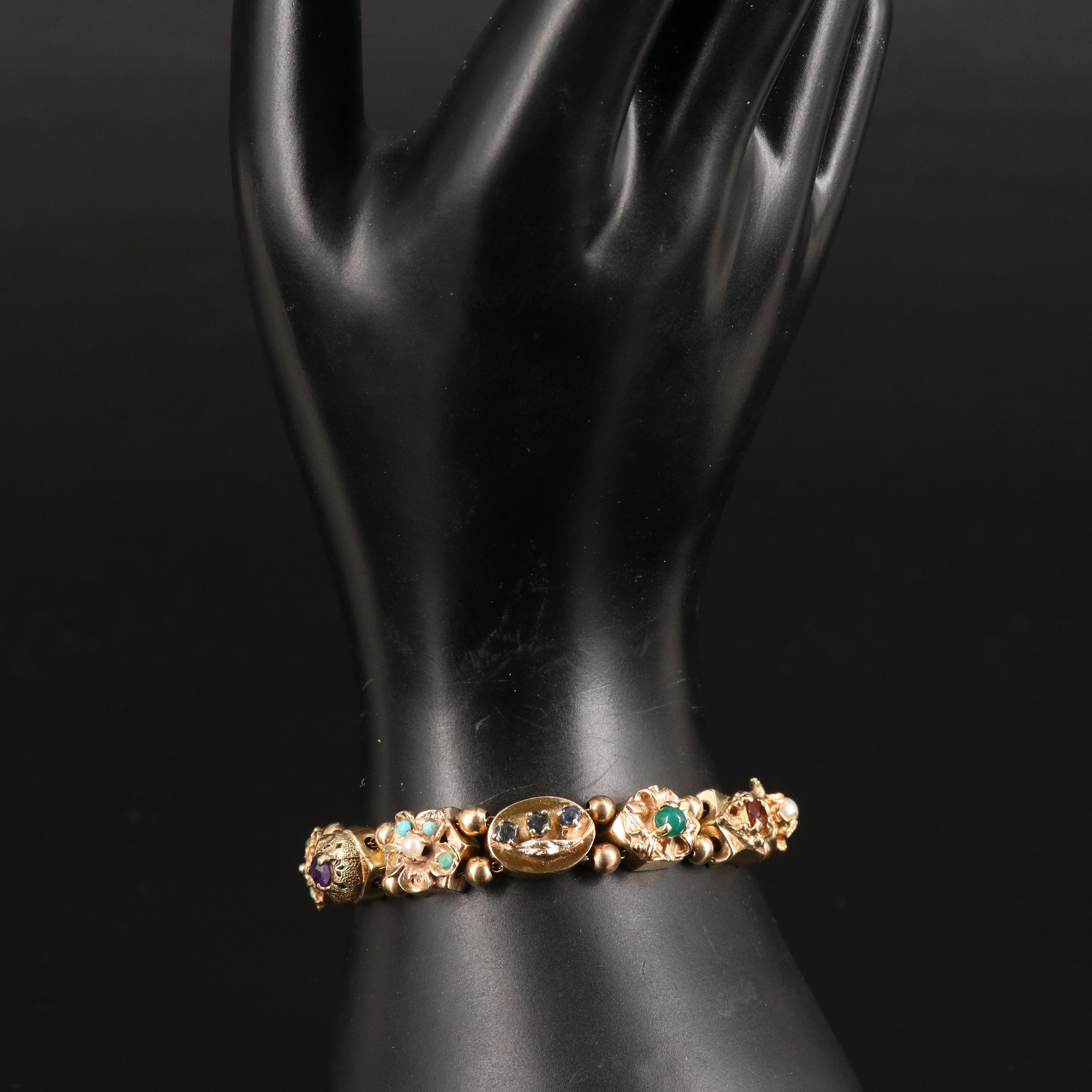 Vintage 14K Slide Bracelet Including Pearls, Coral, Tourmaline and Turquoise