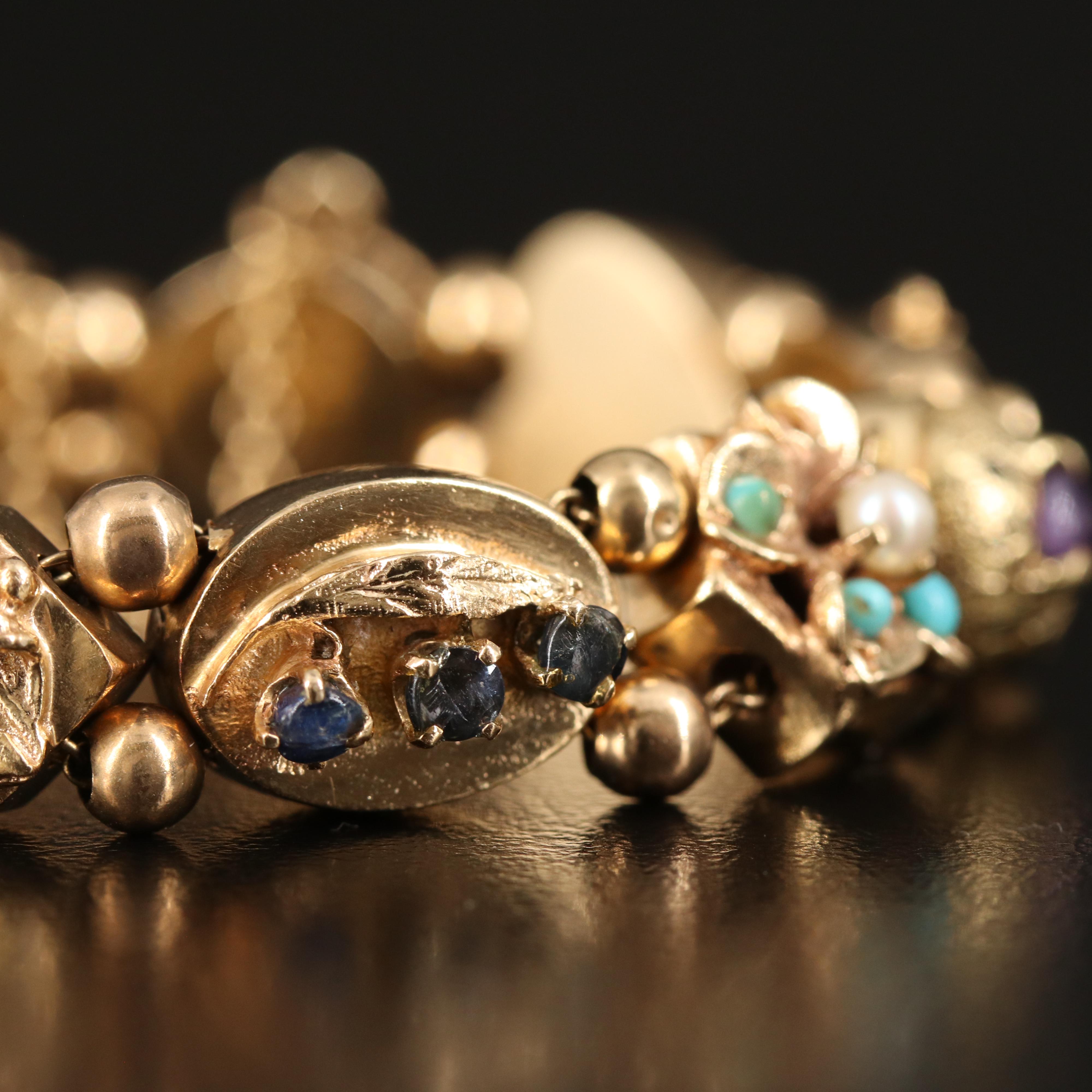 Vintage 14K Slide Bracelet Including Pearls, Coral, Tourmaline and Turquoise