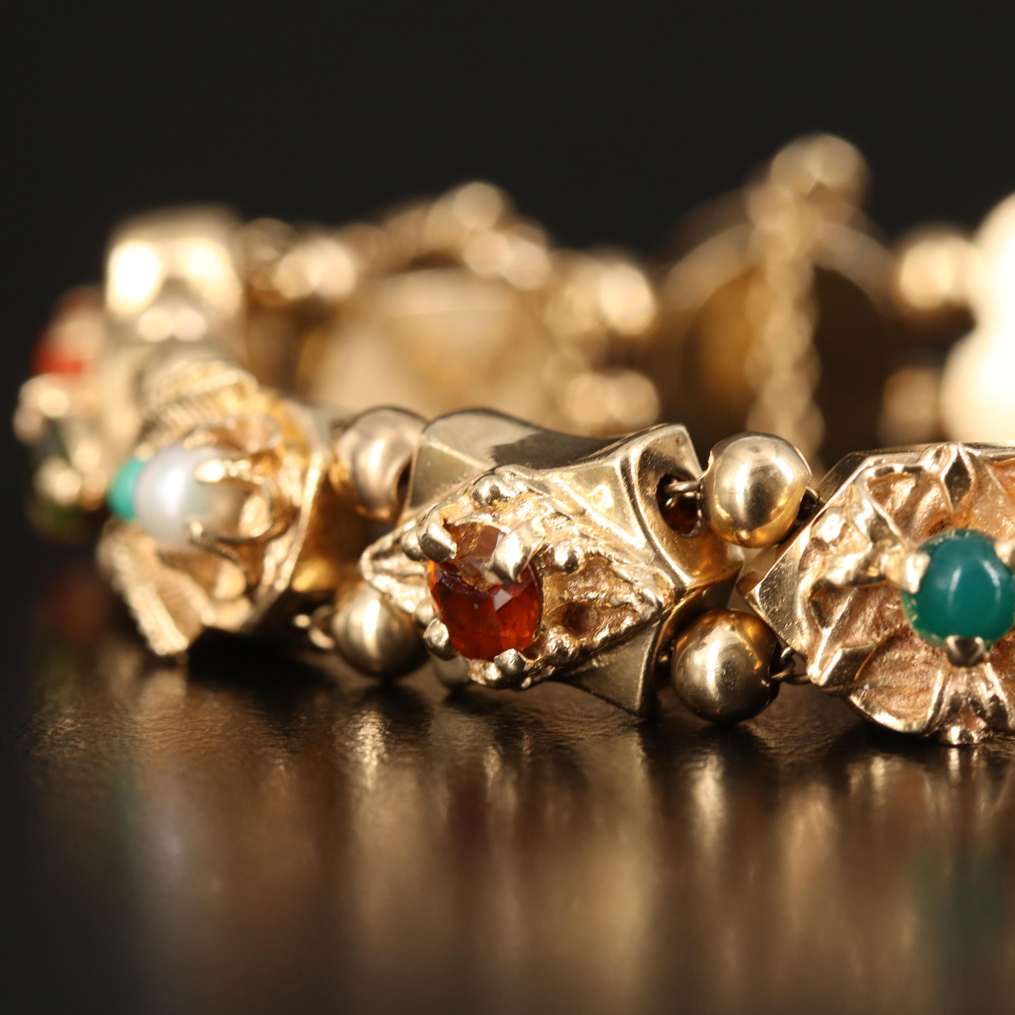 Vintage 14K Slide Bracelet Including Pearls, Coral, Tourmaline and Turquoise