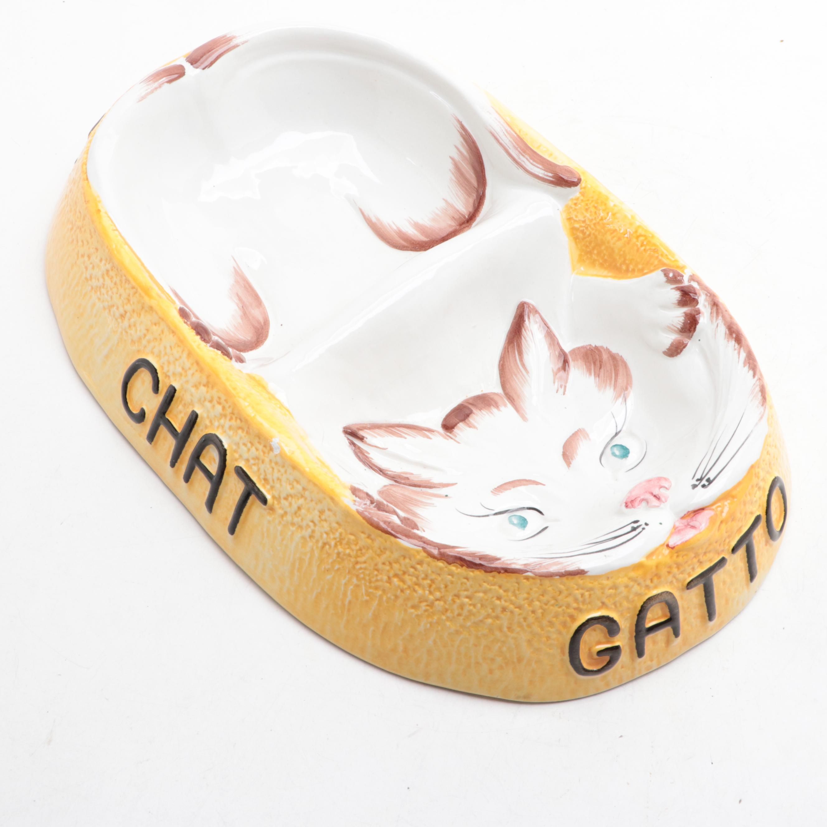 Cat Themed Books, Brass Figures, Needlepoint Pillow and Ceramic Food Dish