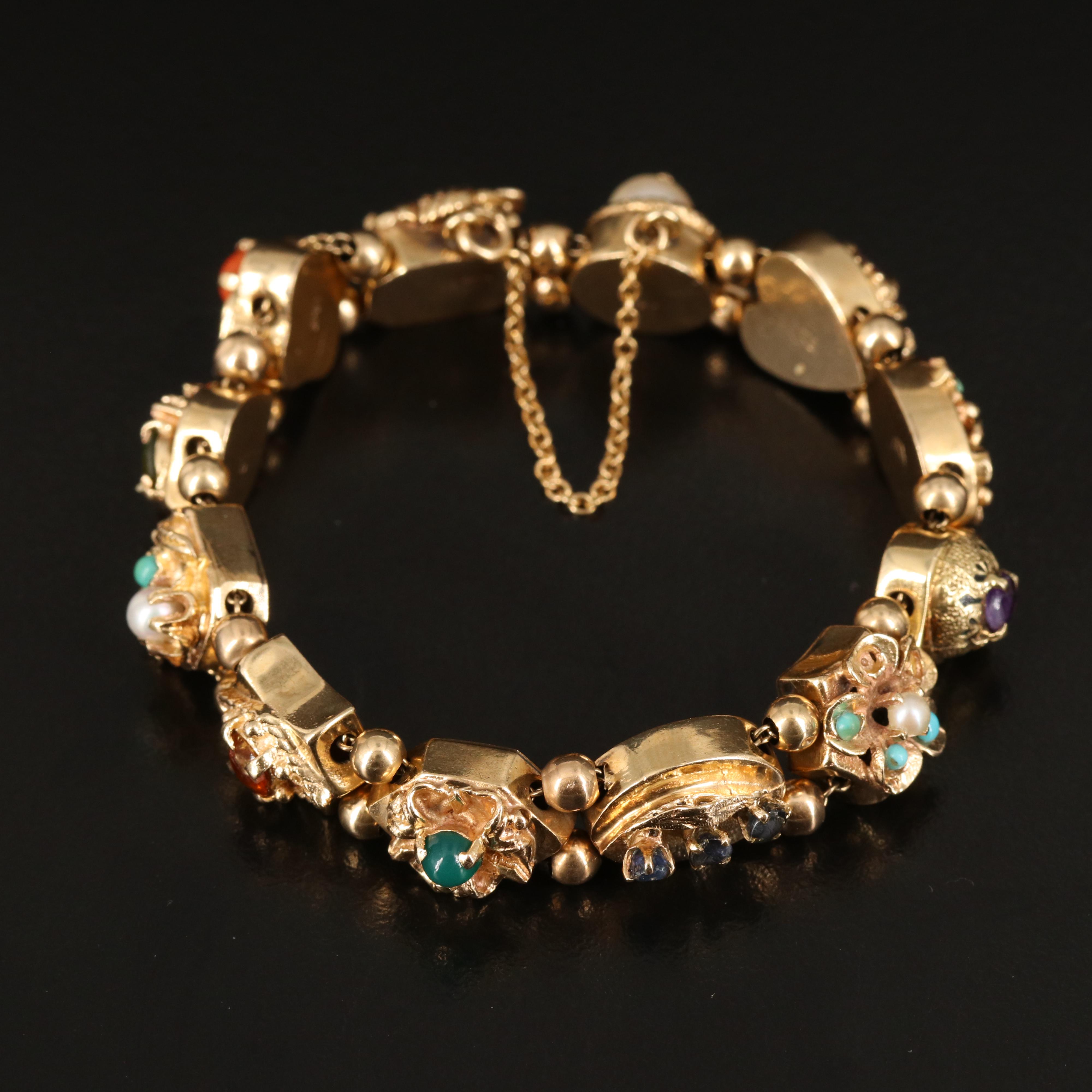 Vintage 14K Slide Bracelet Including Pearls, Coral, Tourmaline and Turquoise