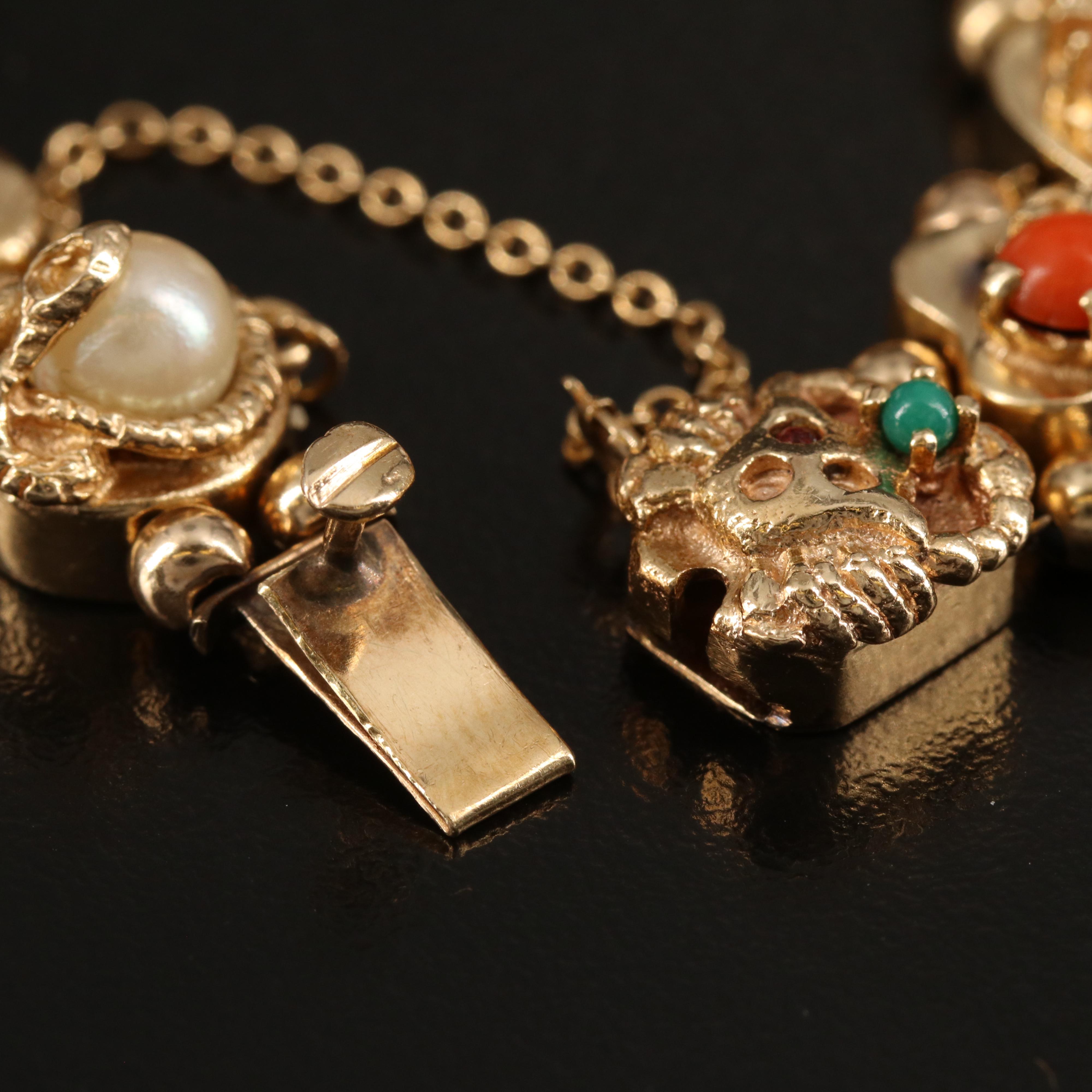 Vintage 14K Slide Bracelet Including Pearls, Coral, Tourmaline and Turquoise