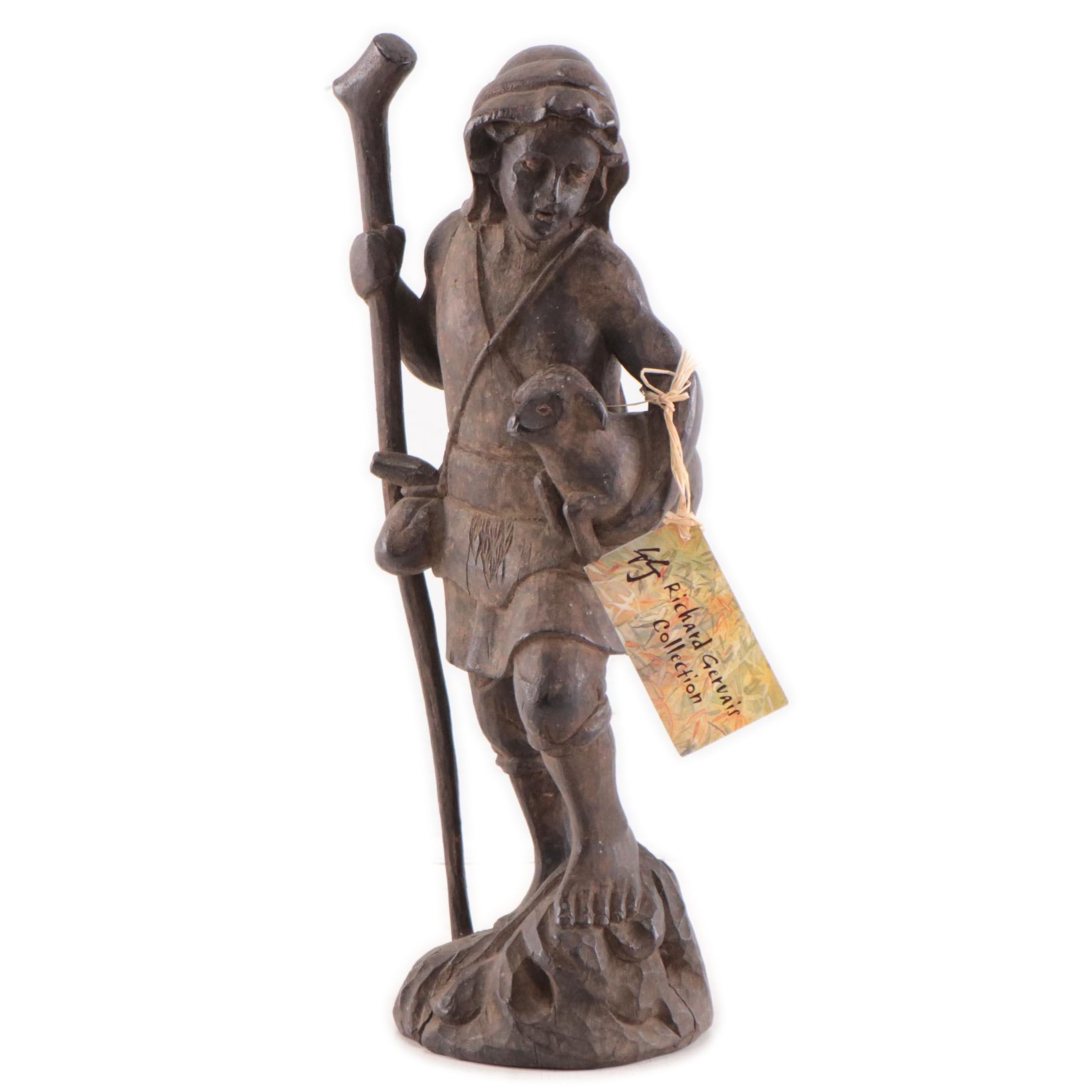 Filipino Carved Wood Nativity Shepherd Figure, Mid-20th Century