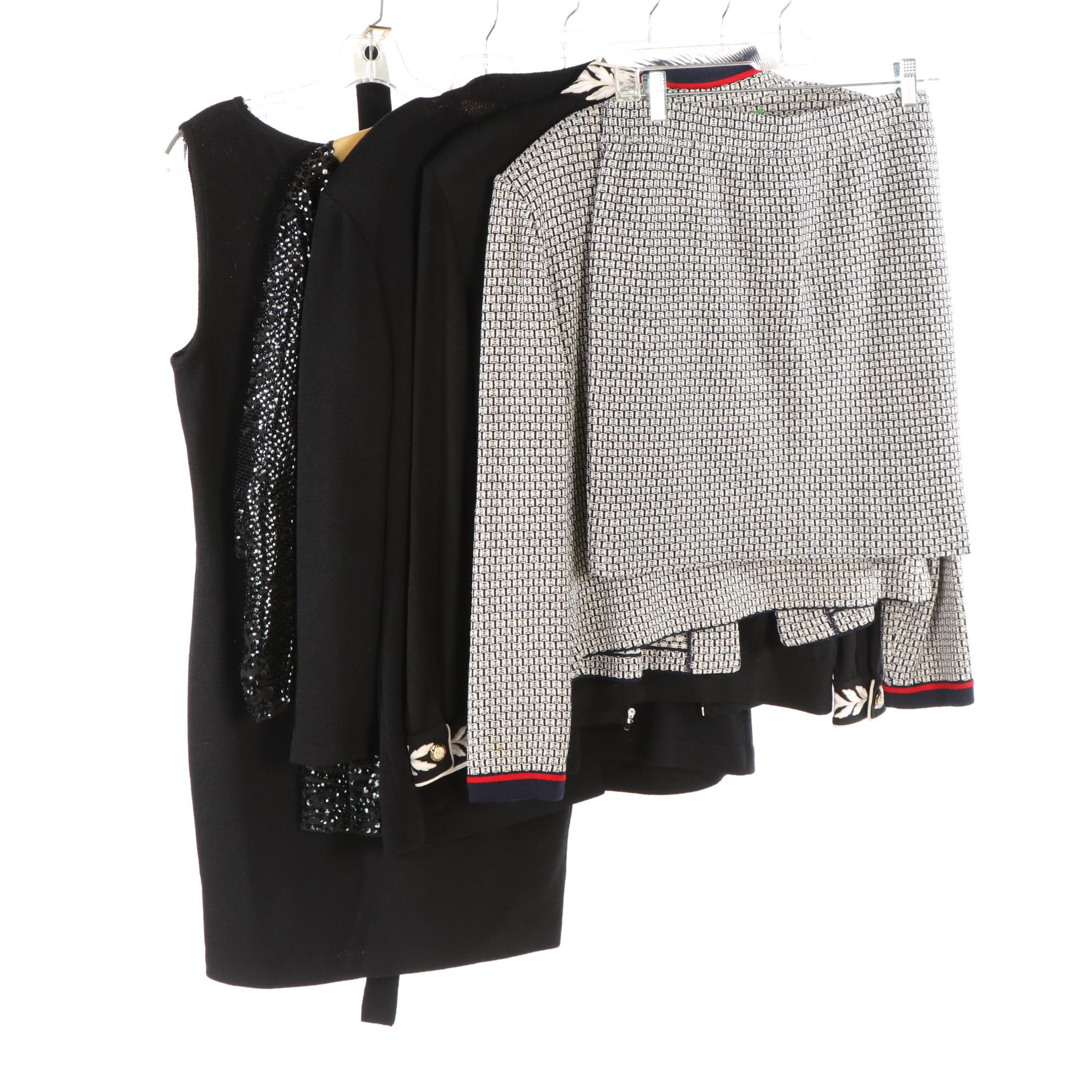 St. John Suiting Jackets, Skirt Suit, Sequin Peplum Top, and Dress with Belt