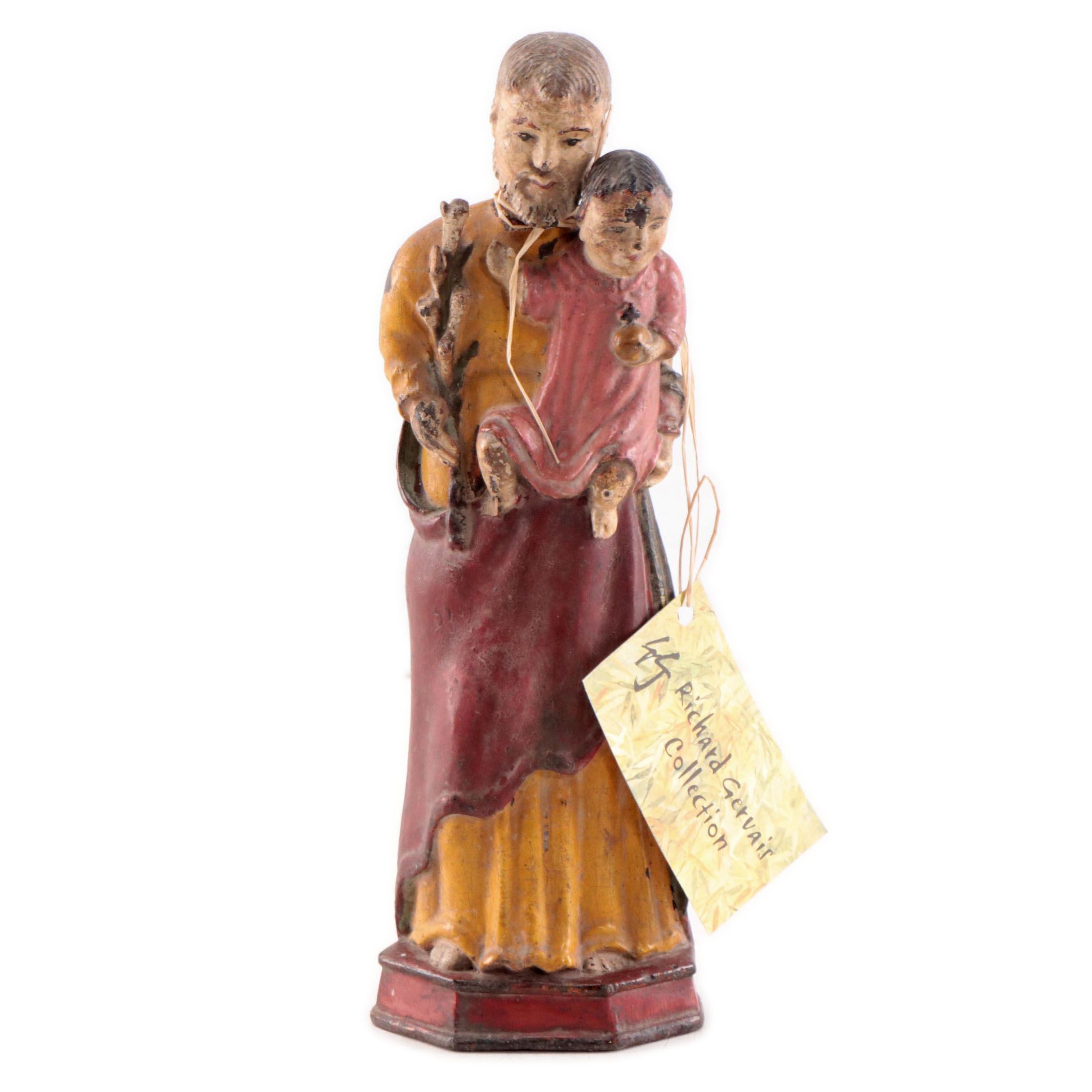 French-Vietnamese Carved Wood Figure of Saint Joseph Holding Christ Child