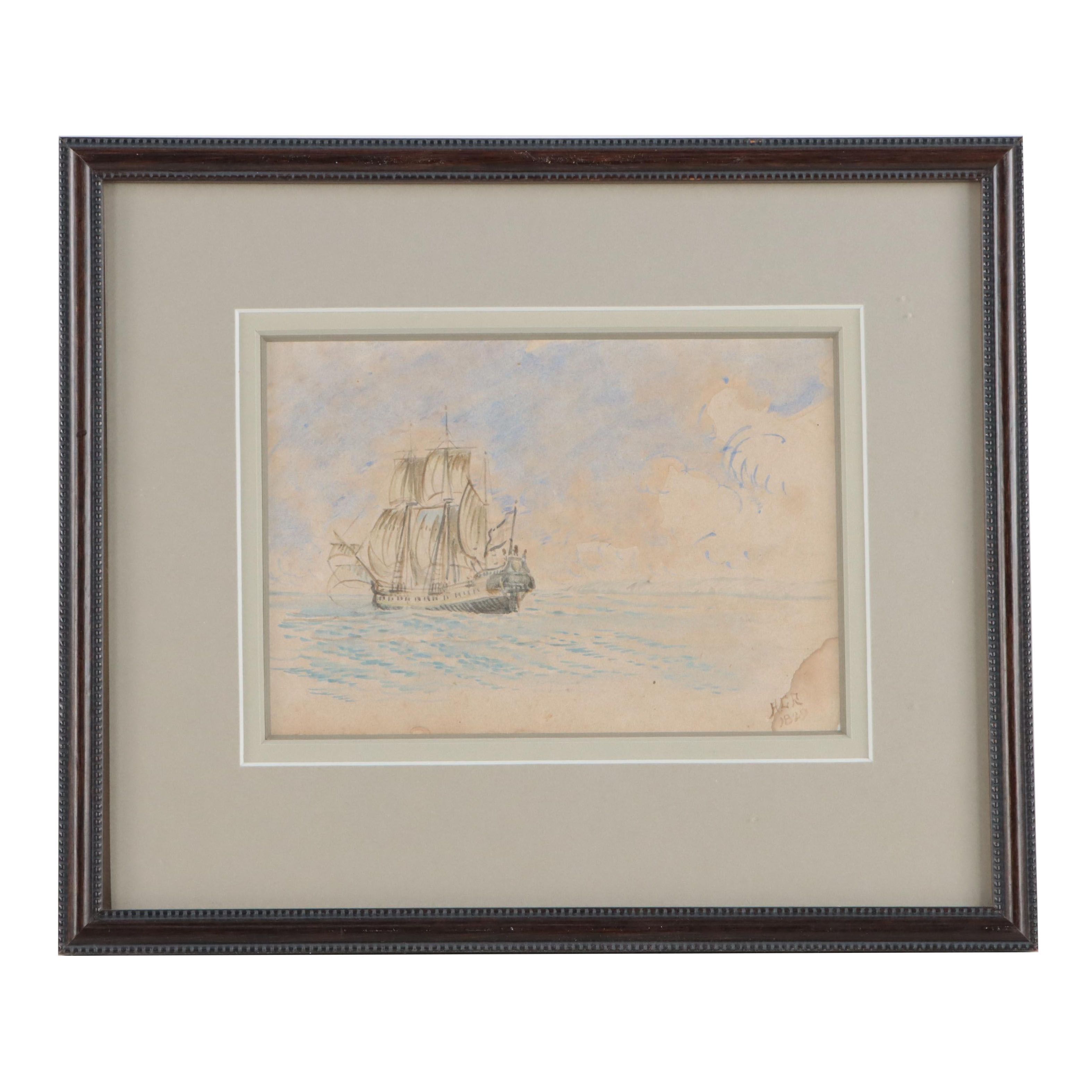 Watercolor Painting of Ship at Sea, 1829