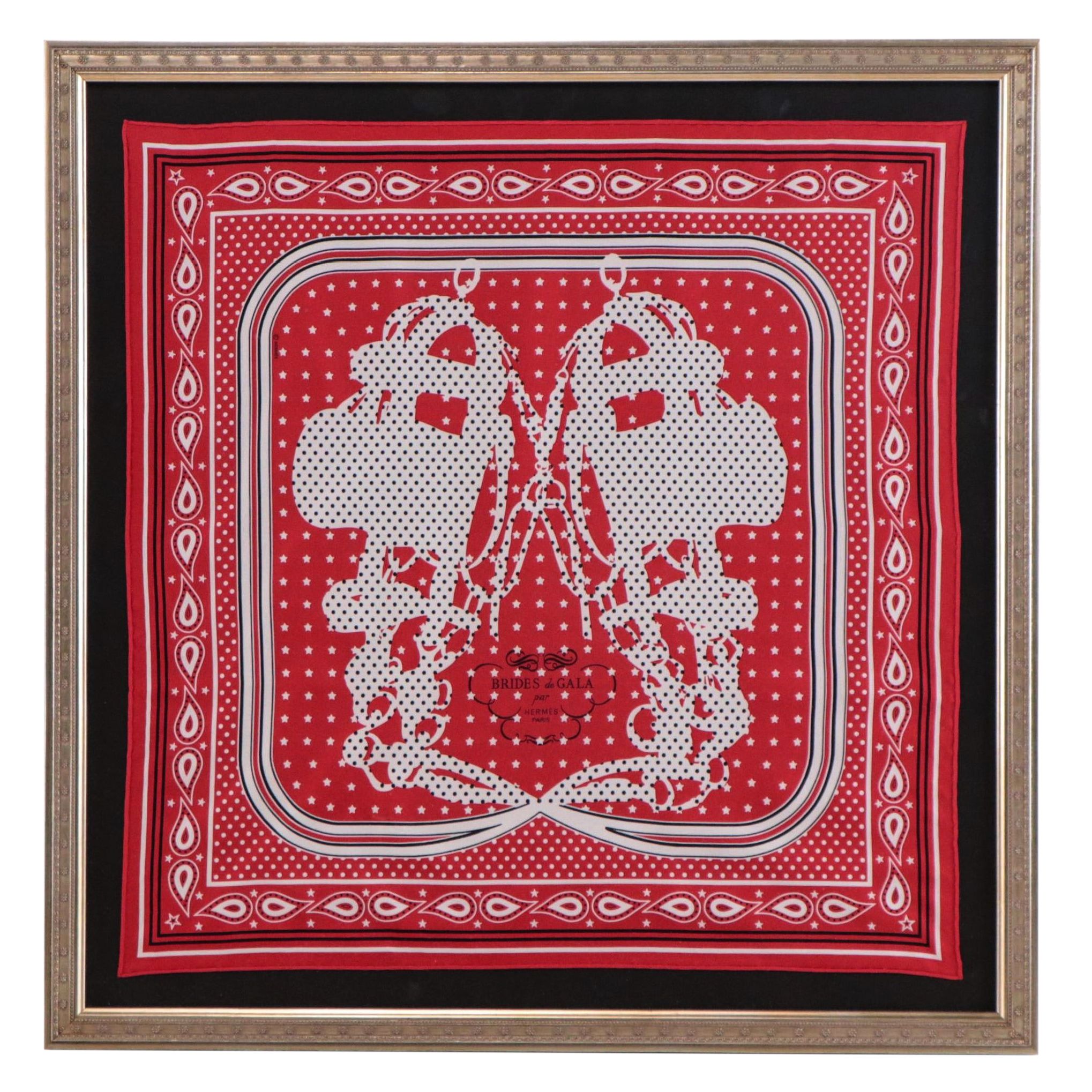 Framed Hermès "Brides de Gala a Pois" Bandana 55 in Silk Twill