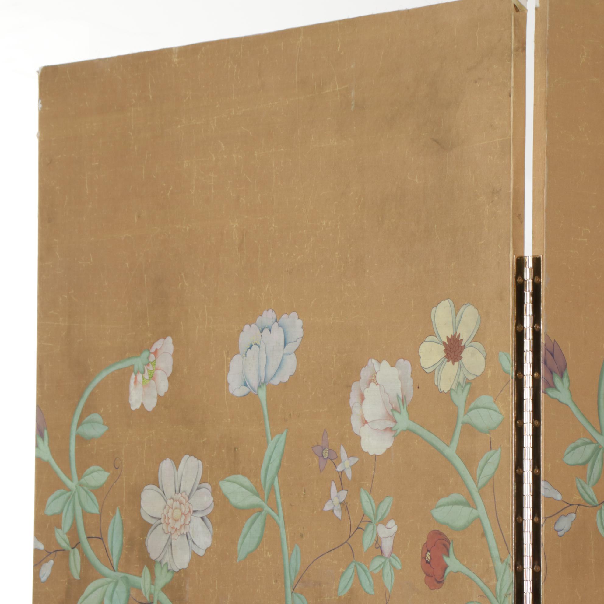 Gilt and Hand-Painted Floral Silk Covered Four-Panel Room Divider