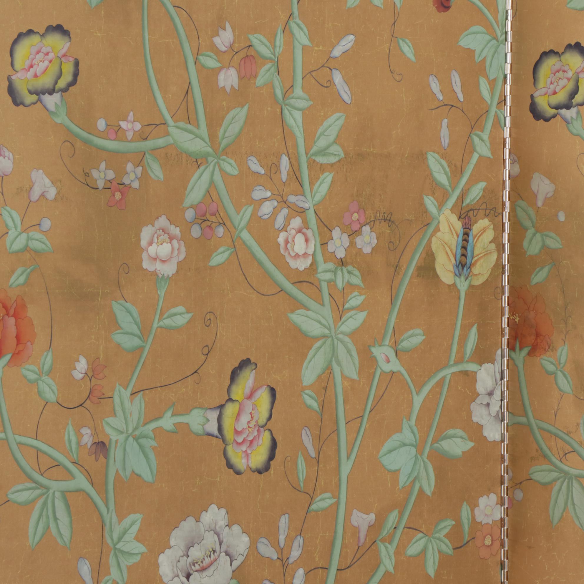 Gilt and Hand-Painted Floral Silk Covered Four-Panel Room Divider