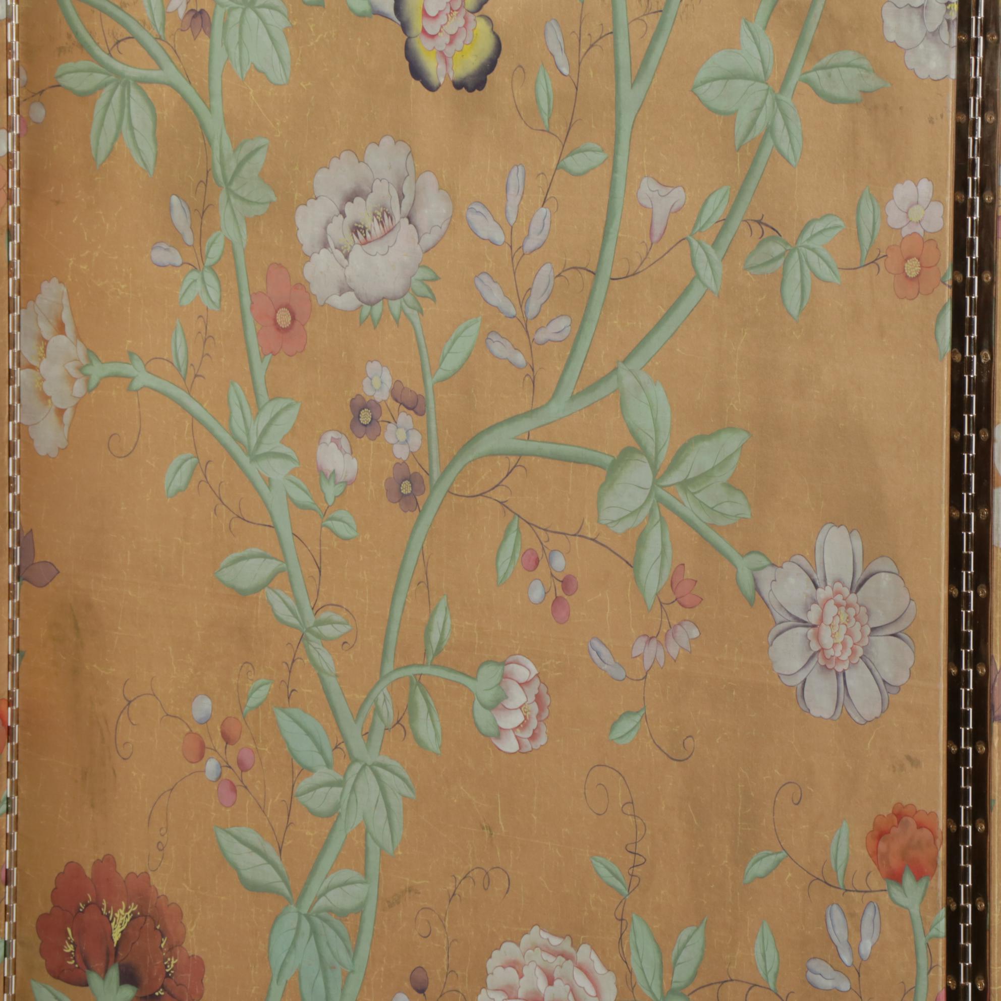 Gilt and Hand-Painted Floral Silk Covered Four-Panel Room Divider