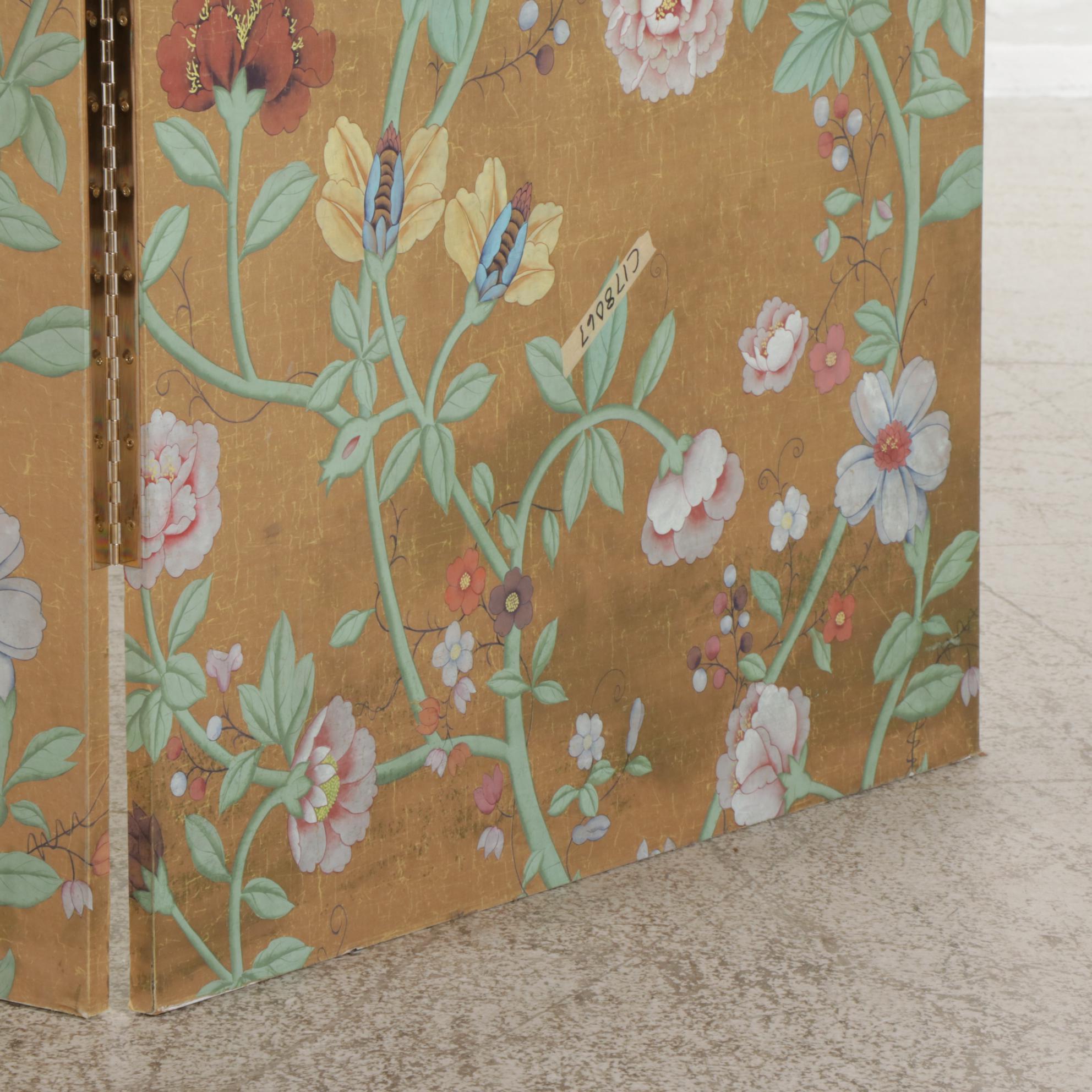 Gilt and Hand-Painted Floral Silk Covered Four-Panel Room Divider