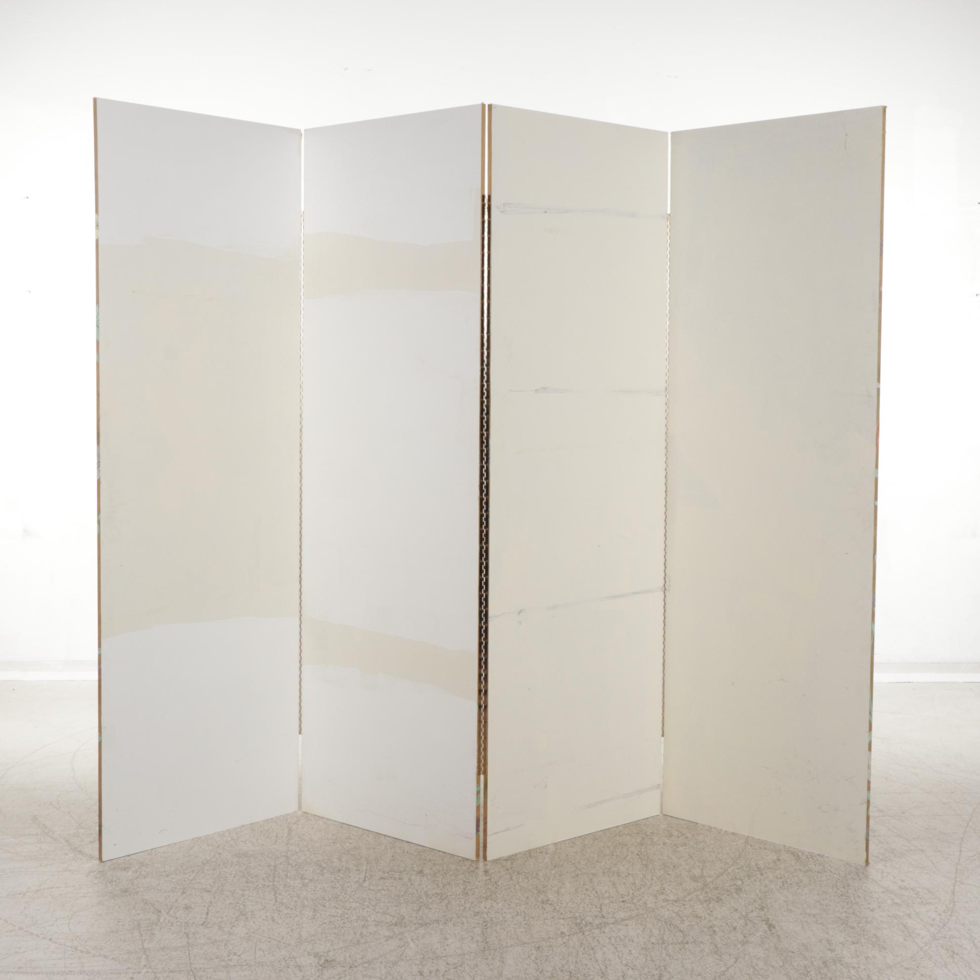 Gilt and Hand-Painted Floral Silk Covered Four-Panel Room Divider