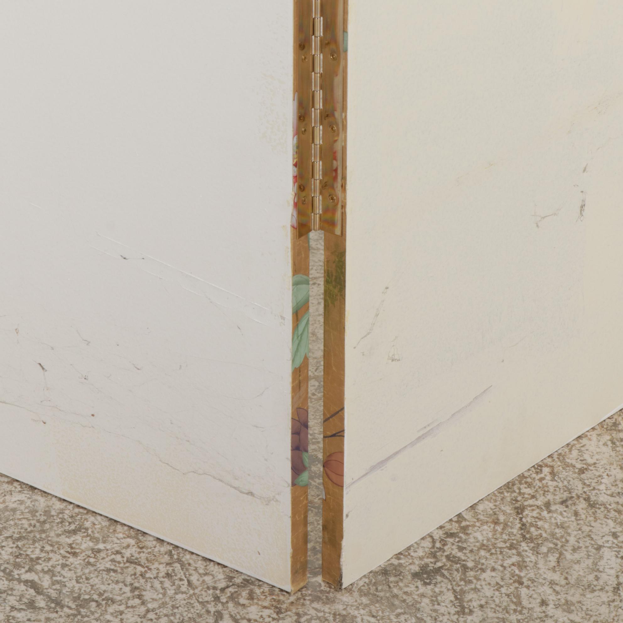 Gilt and Hand-Painted Floral Silk Covered Four-Panel Room Divider