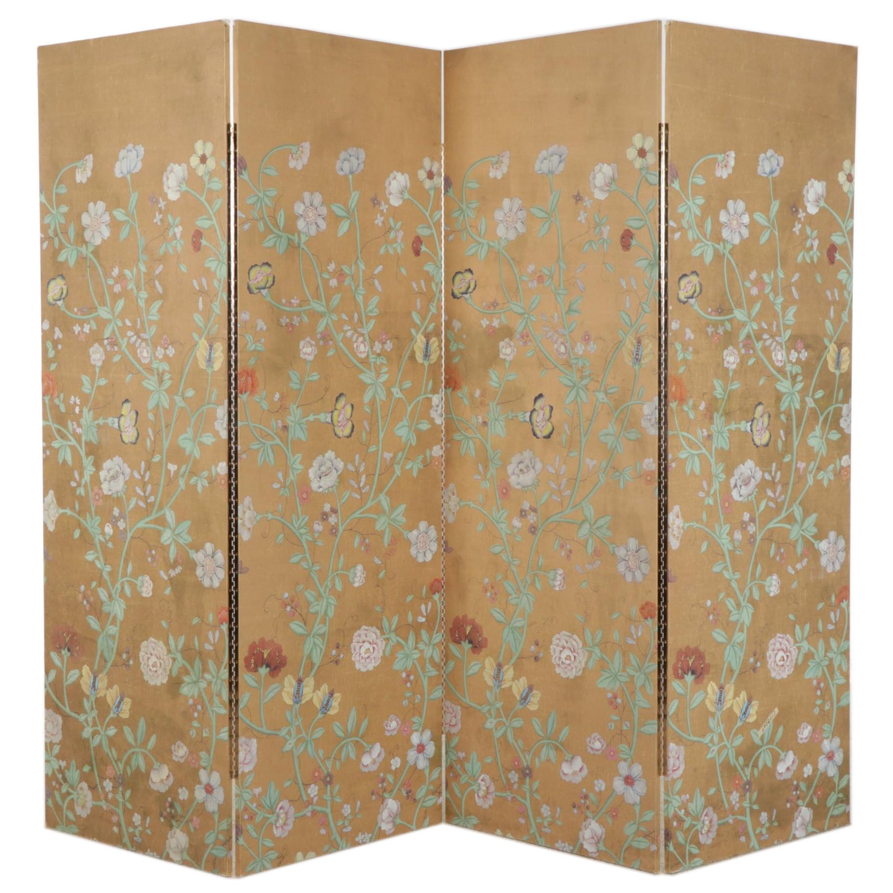 Gilt and Hand-Painted Floral Silk Covered Four-Panel Room Divider