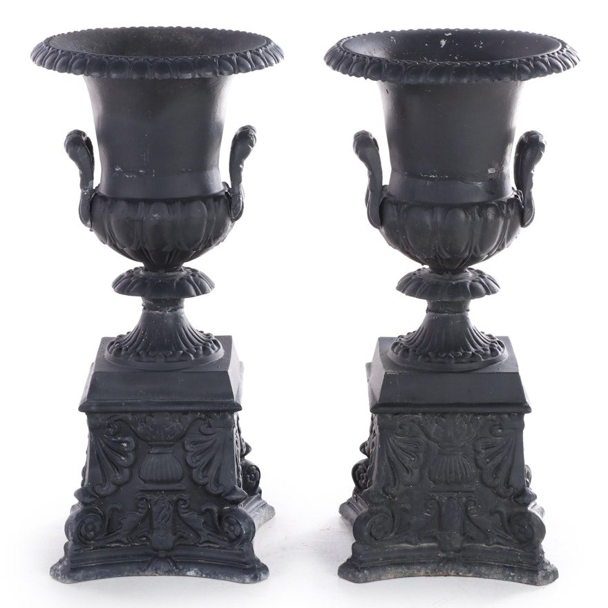 Pair of Neoclassical Style Black-Painted and Cast Metal Garden Urns