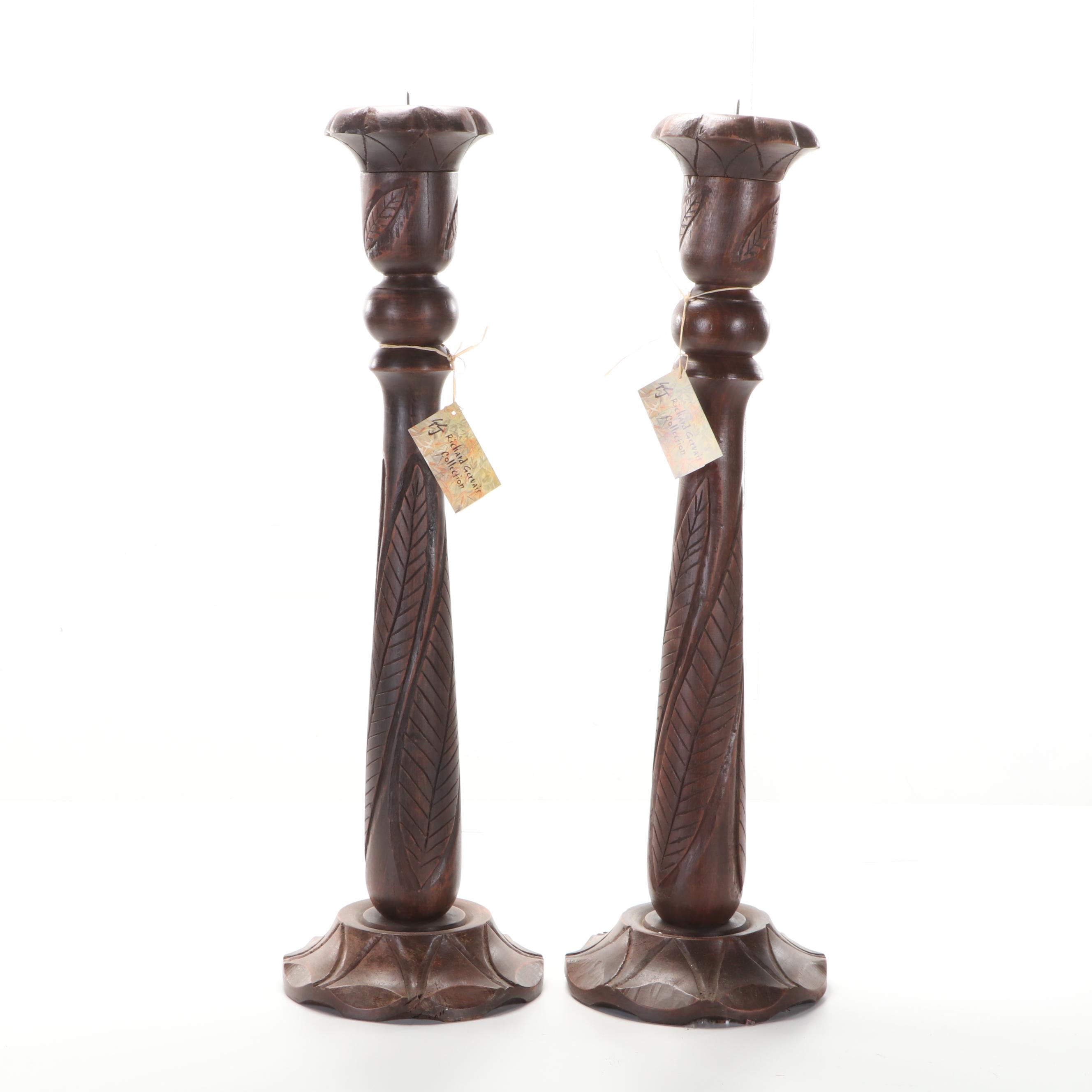 Pair of Indian Carved Teak Pricket Floor Candlesticks