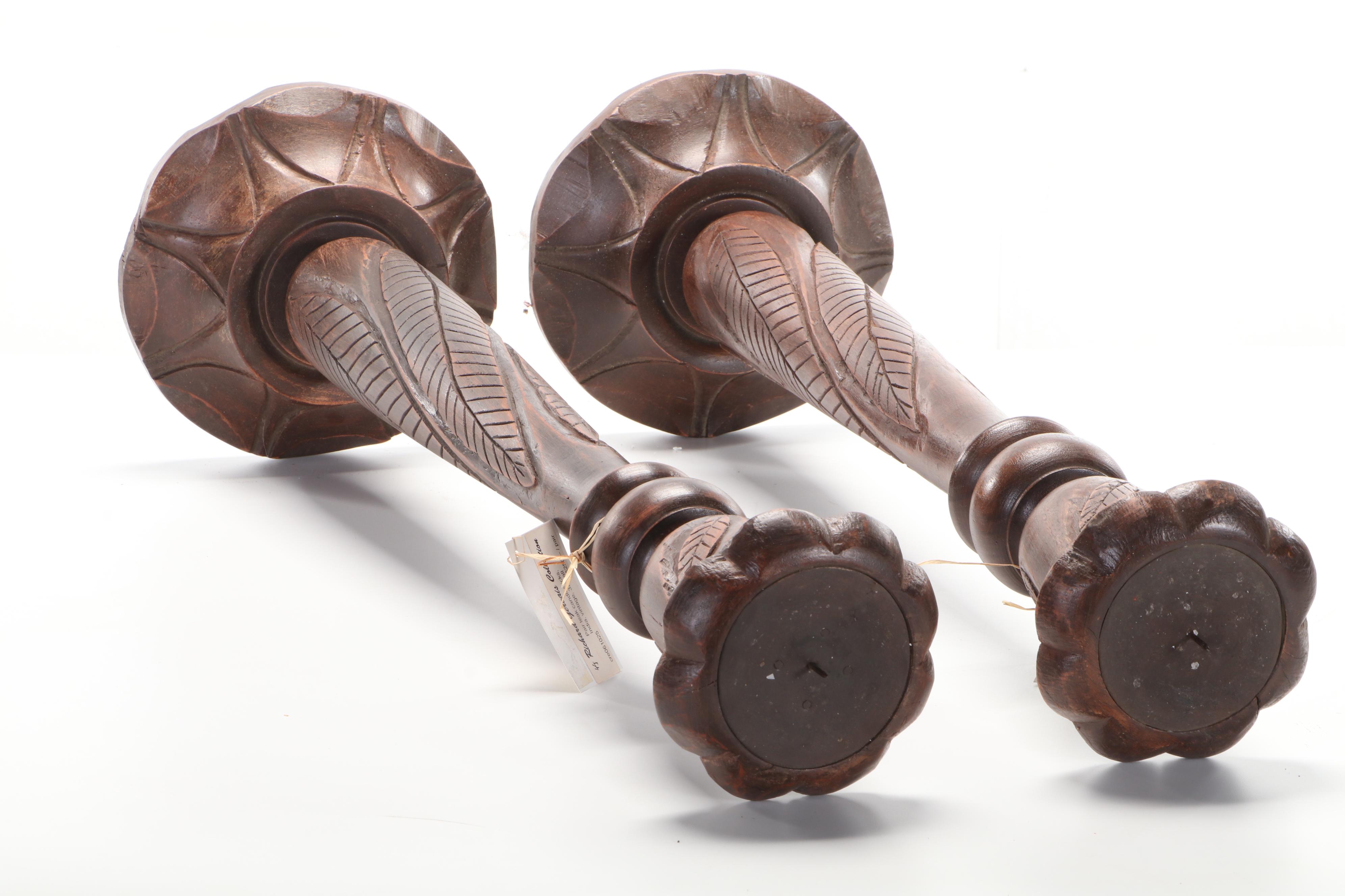 Pair of Indian Carved Teak Pricket Floor Candlesticks