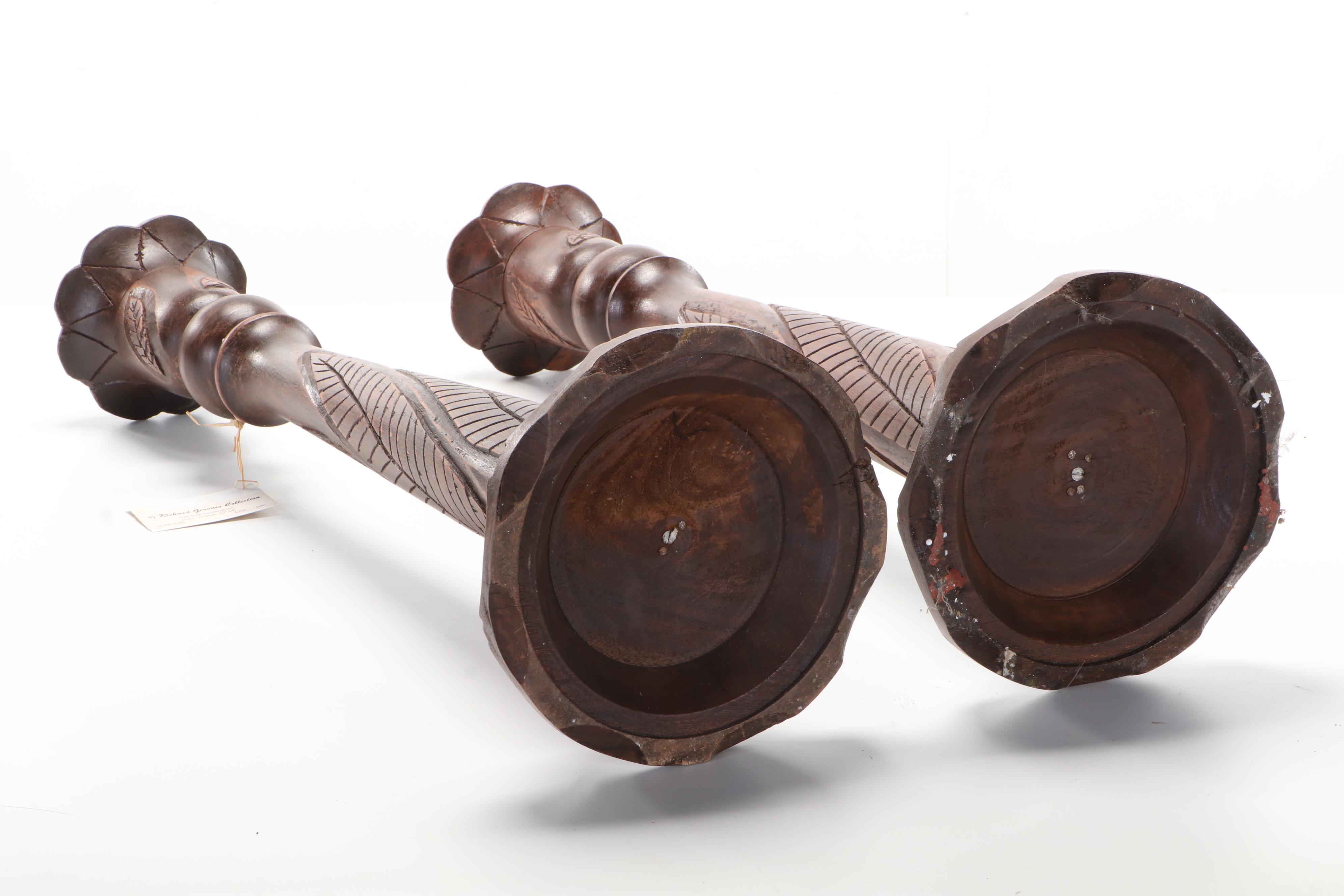 Pair of Indian Carved Teak Pricket Floor Candlesticks