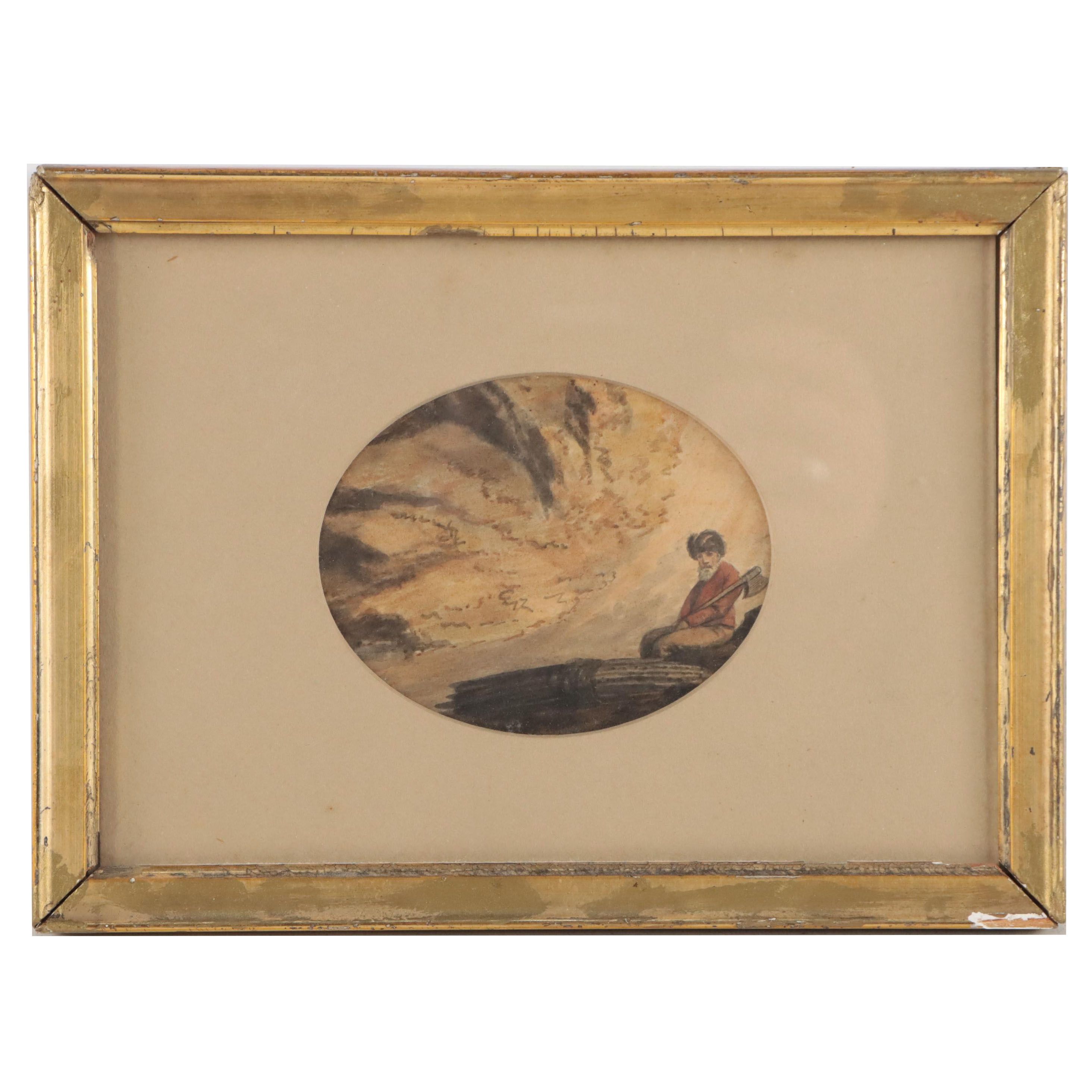 Figural Watercolor Painting of Man With Axe