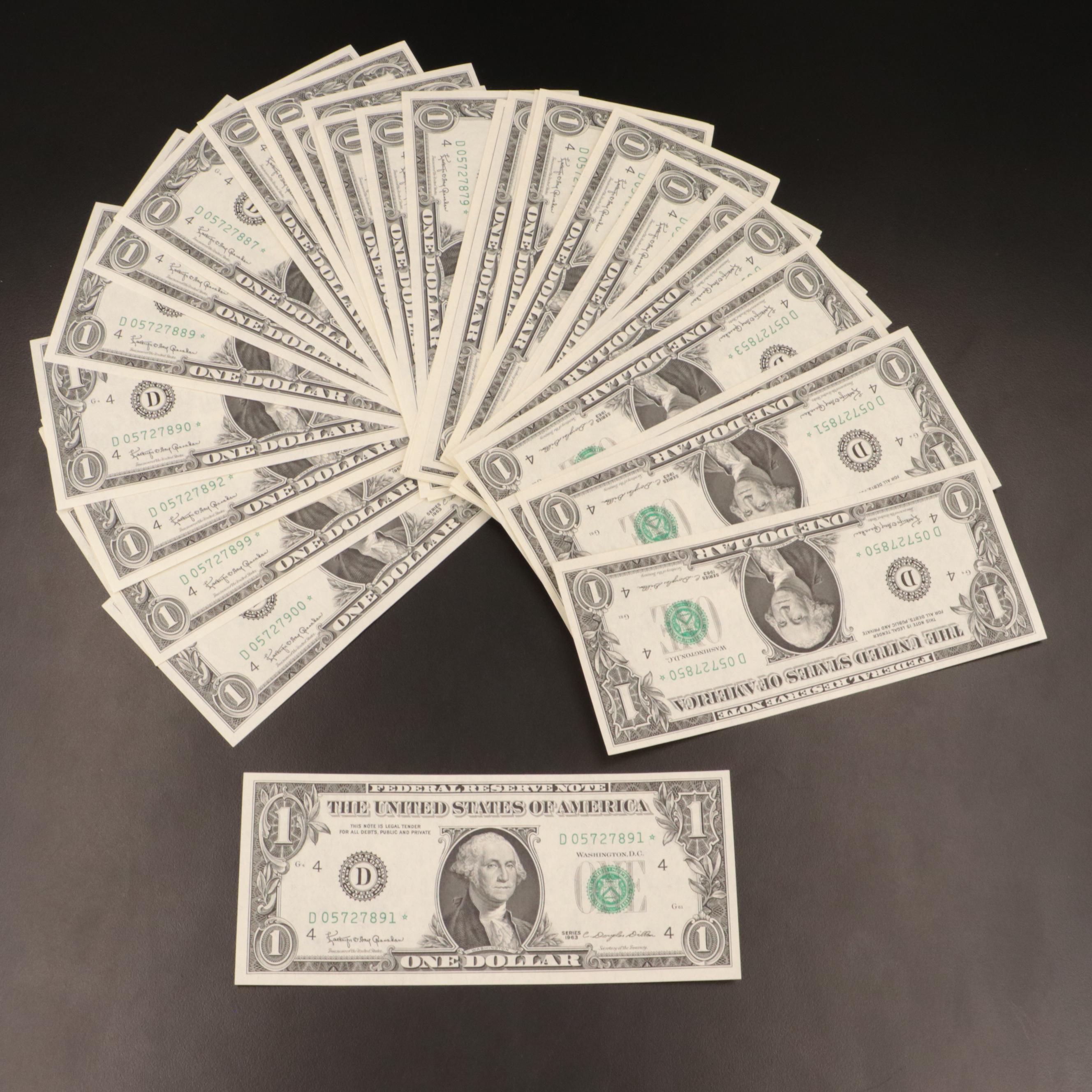Fifty Consecutive-Numbered 1963 $1 "Star Note" Federal Reserve Notes