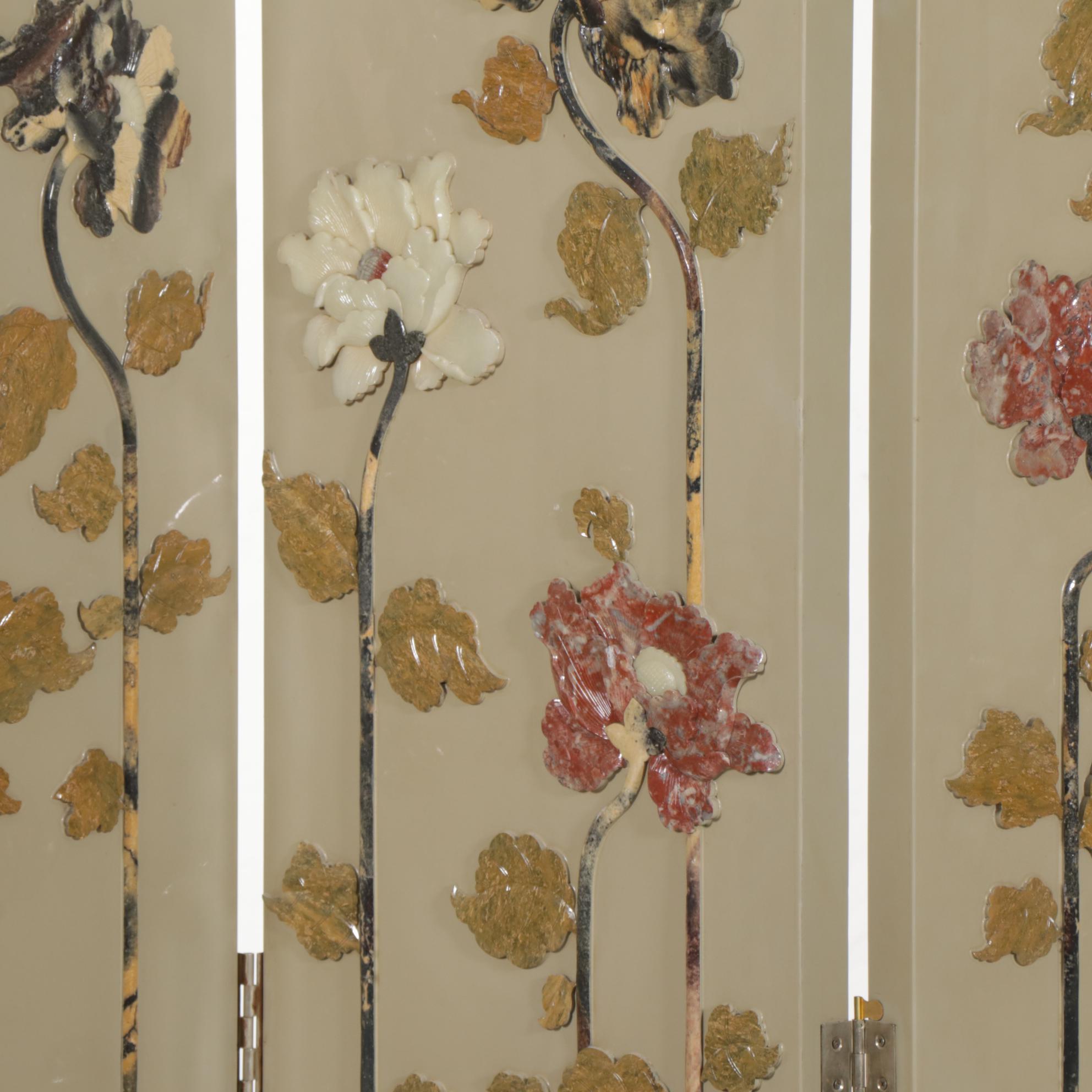 Chinese 4-Panel Lacquered Screen with Carved Stone Flowers, Late 20th Century