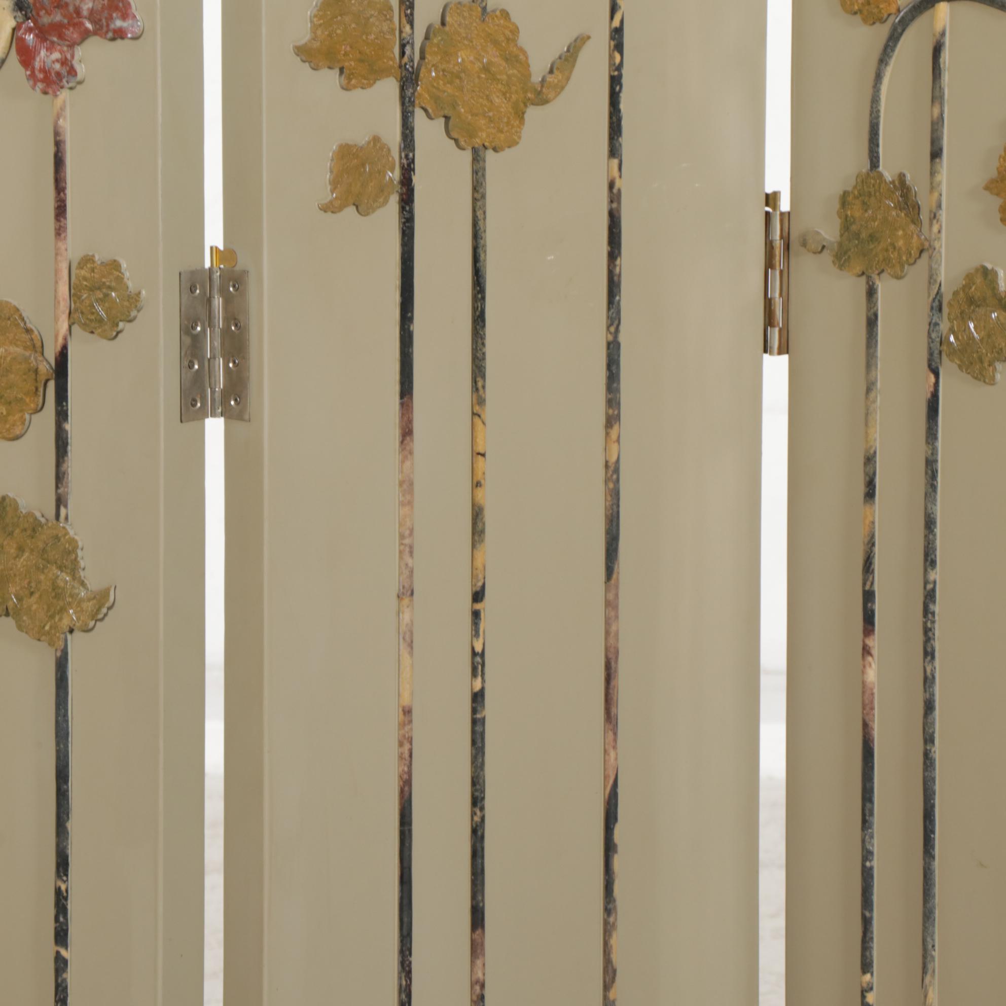 Chinese 4-Panel Lacquered Screen with Carved Stone Flowers, Late 20th Century