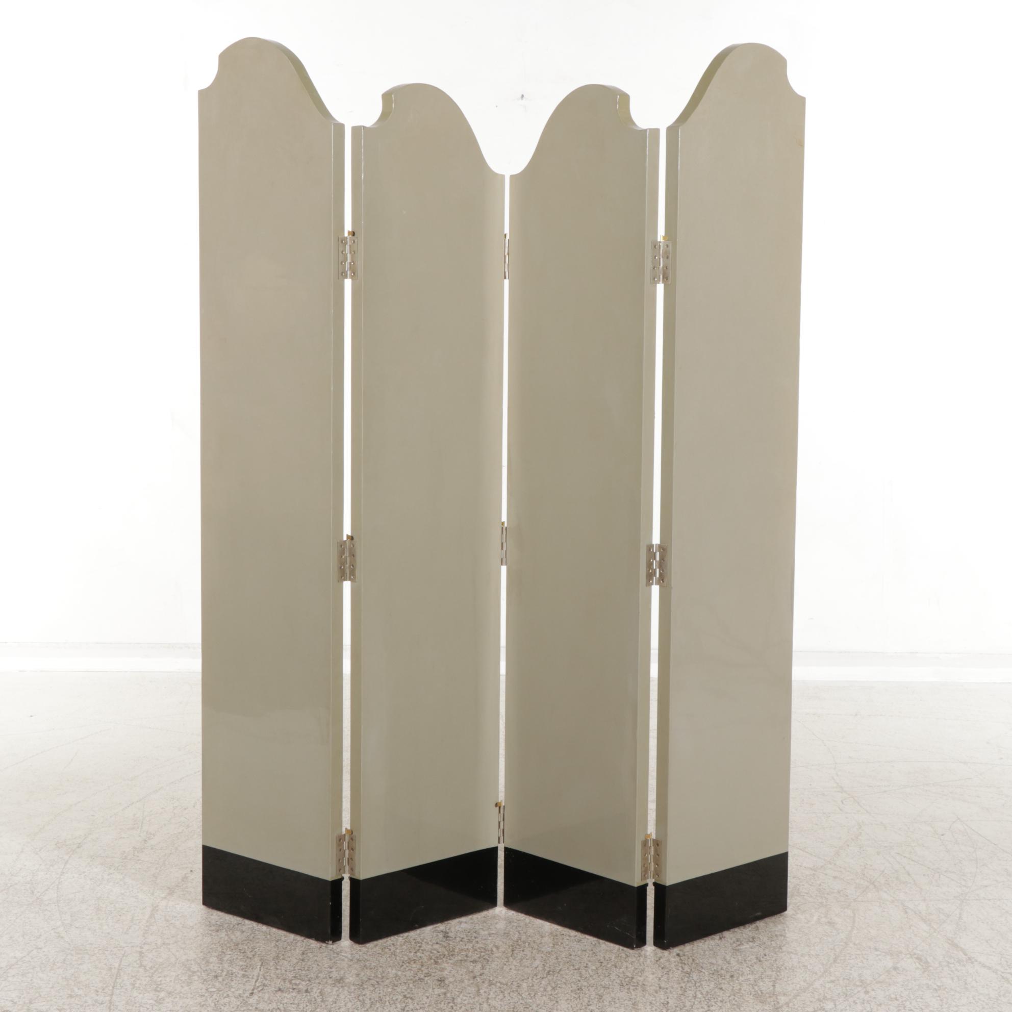 Chinese 4-Panel Lacquered Screen with Carved Stone Flowers, Late 20th Century