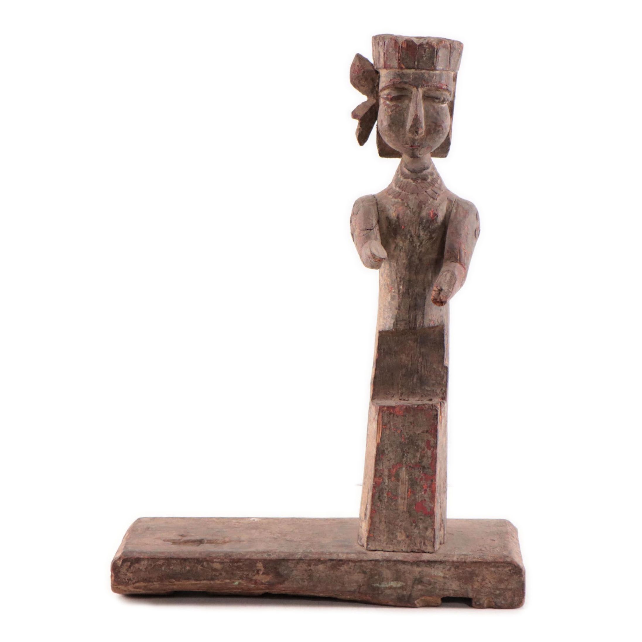 Indian Polychrome Carved Teak Female Figure, Early to Mid-20th Century