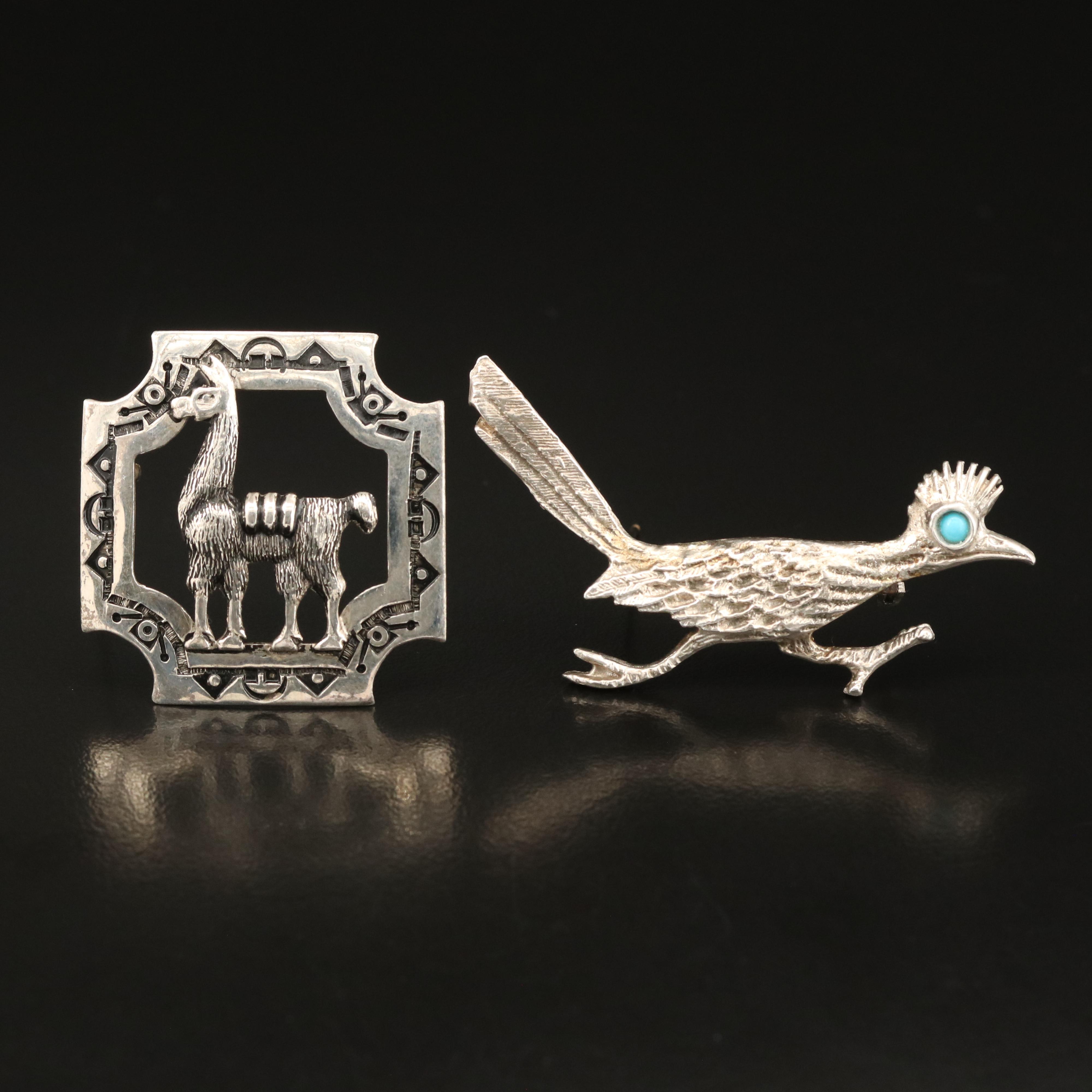 Sterling Faux Turquoise and Enamel Bird and Llama Brooches