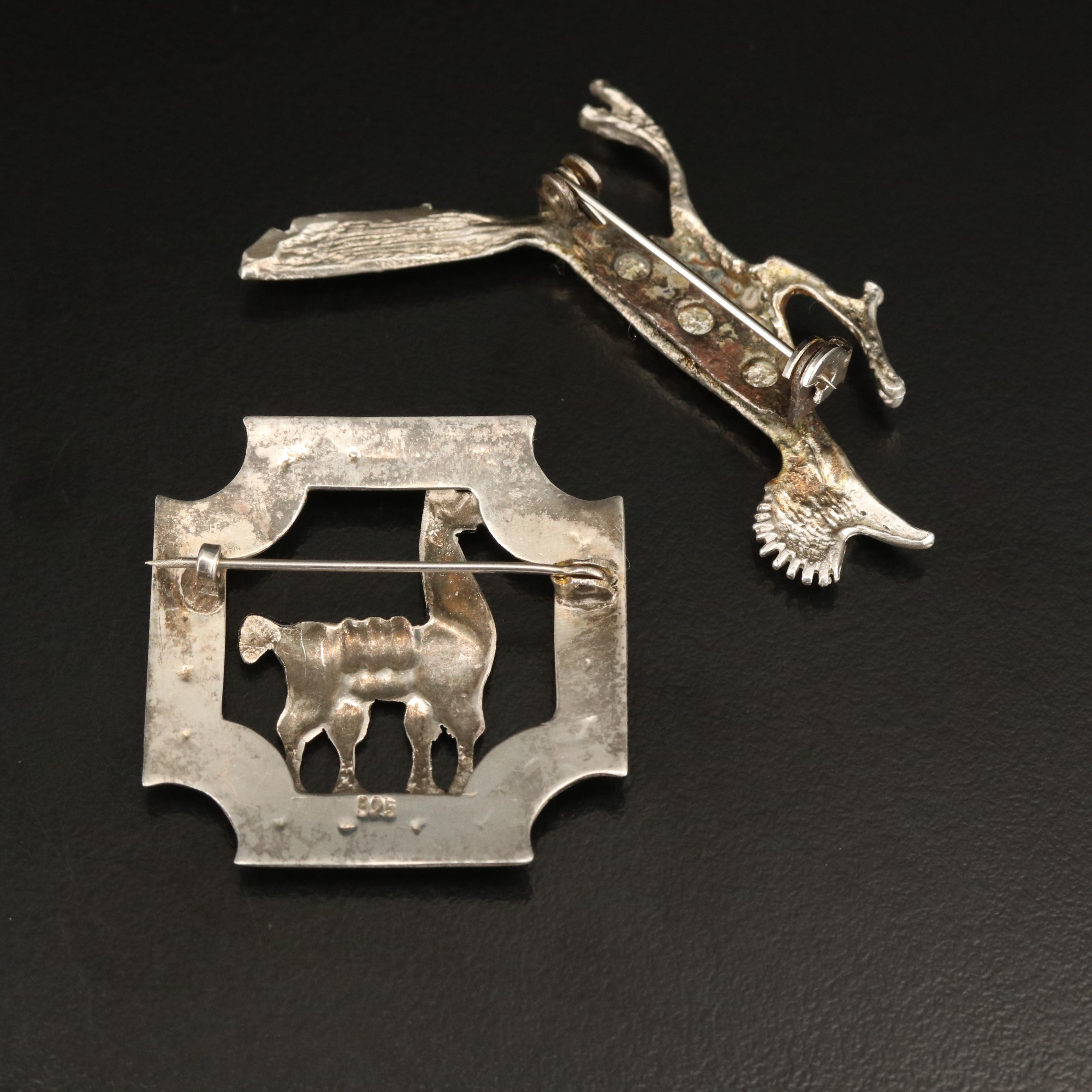 Sterling Faux Turquoise and Enamel Bird and Llama Brooches