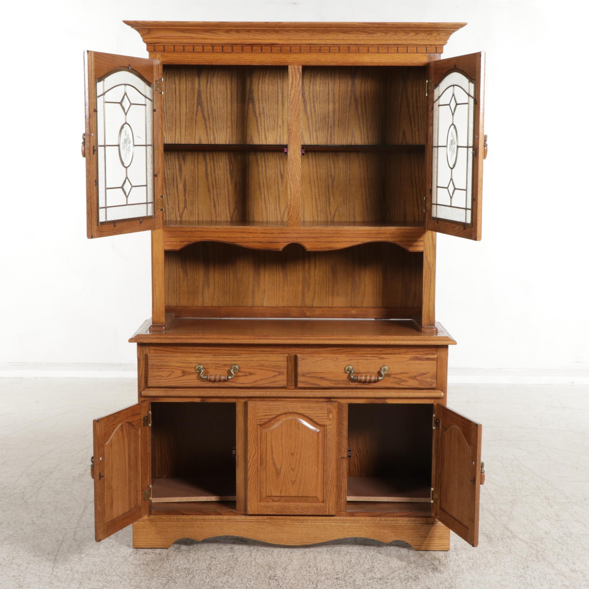 Victorian Style Oak and Leaded Glass Two-Piece China Cabinet