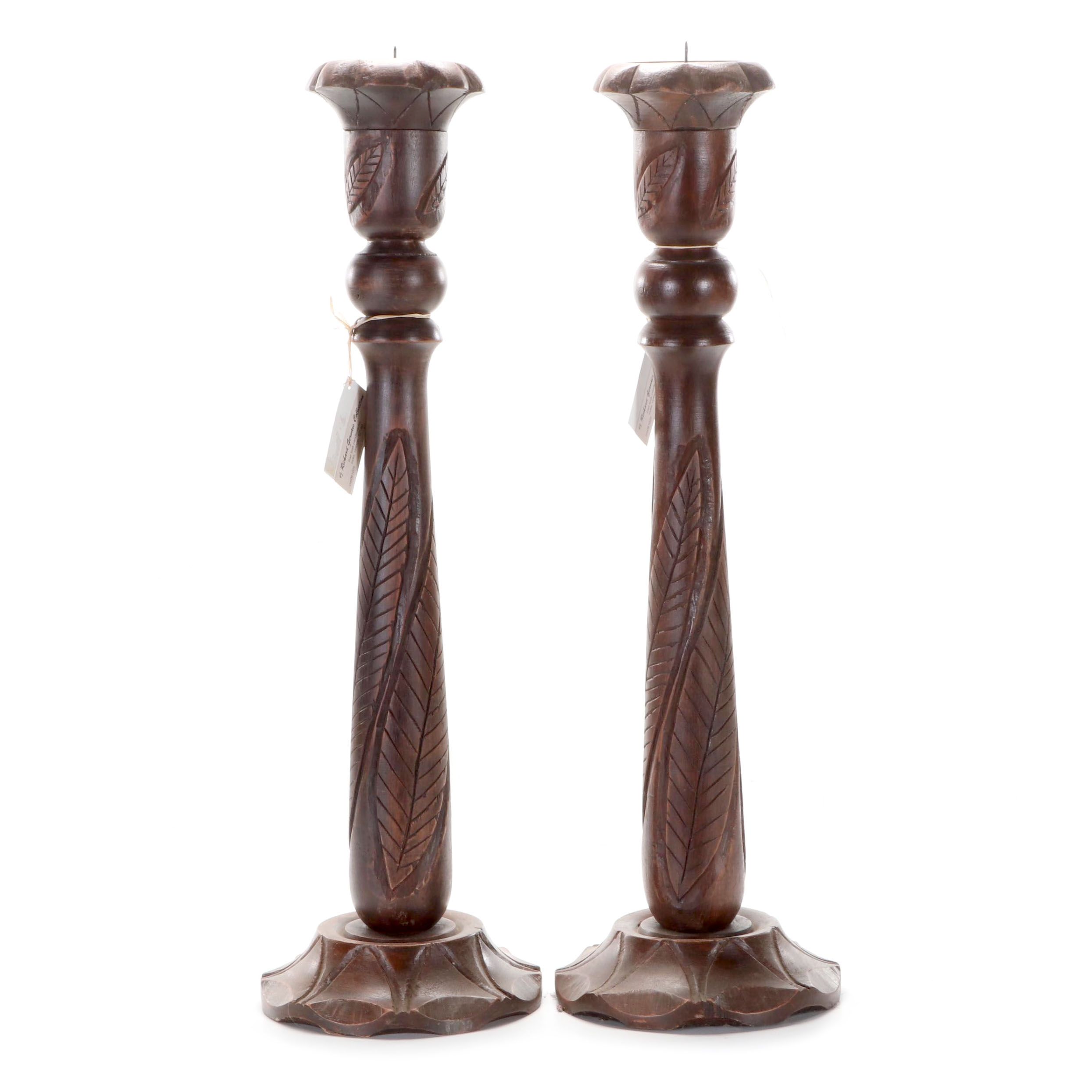 Pair of Indian Carved Teak Pricket Floor Candlesticks