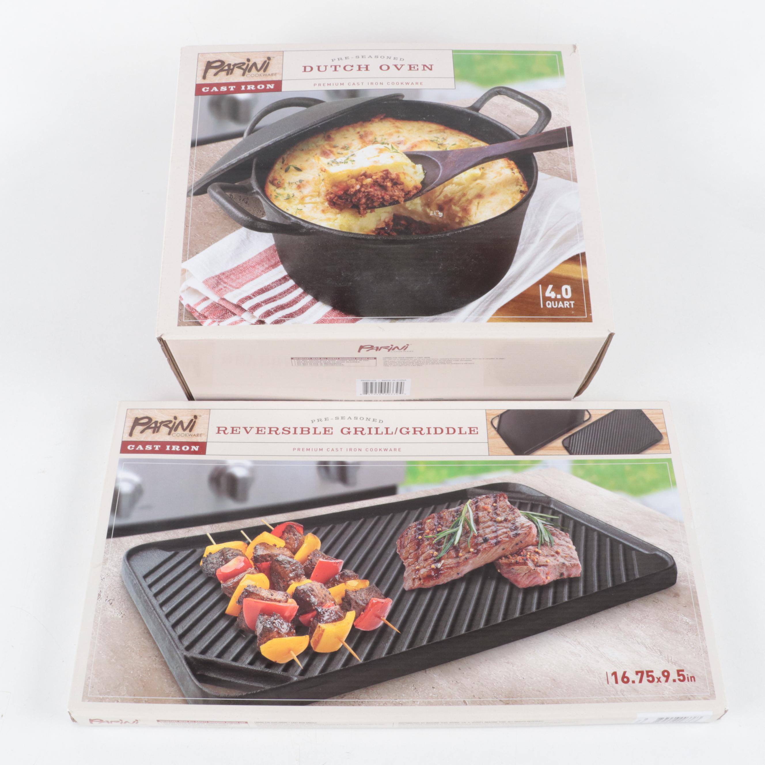 Parini Cast Iron Dutch Oven, Deep Skillet, Griddle, and Reversible Grill
