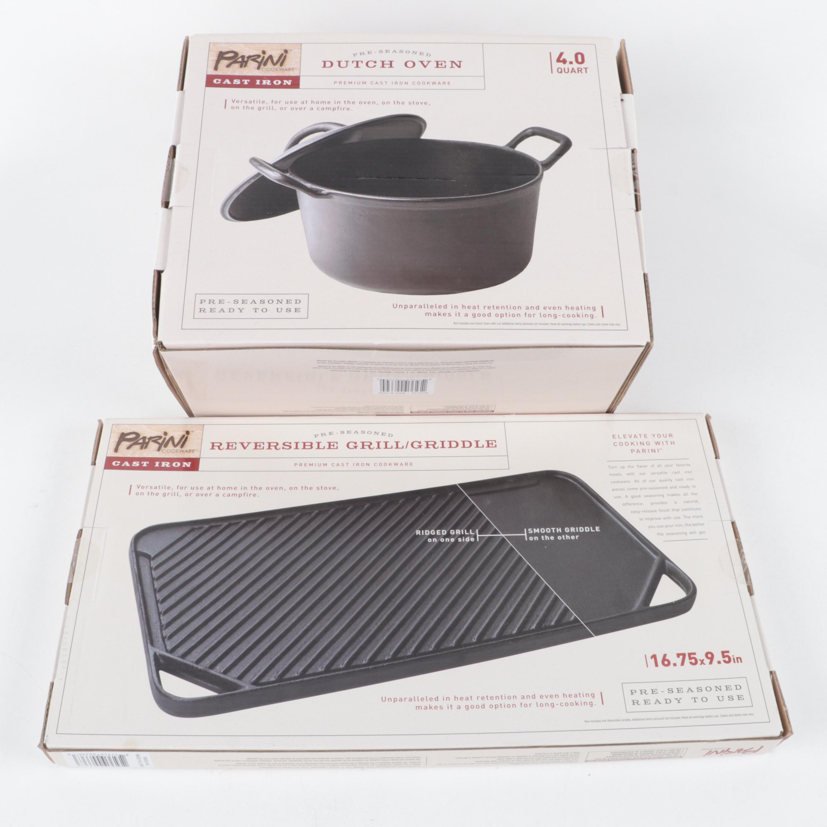 Parini Cast Iron Dutch Oven, Deep Skillet, Griddle, and Reversible Grill